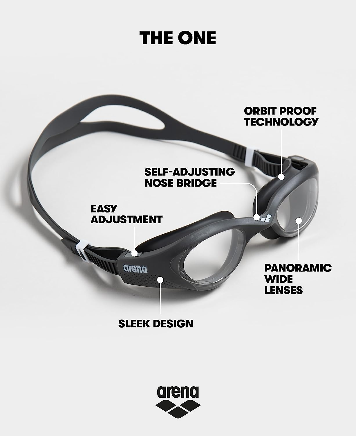 ARENA the One Goggles, Unisex Swim Goggles with Orbit-Proof Seals, Anti-Fog Coating & UV Protection, Wide Lenses for Enhanced Vision & Adjustable Fit - Clear/Grey image number 4