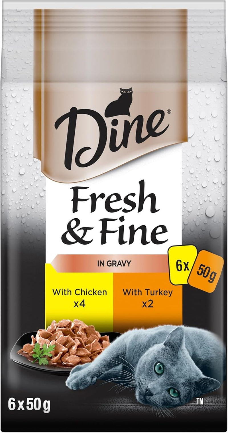 Dine Fresh & Fine Wet Cat Food Chicken in Gravy & Turkey in Gravy 50G Pouch, 18 Pack