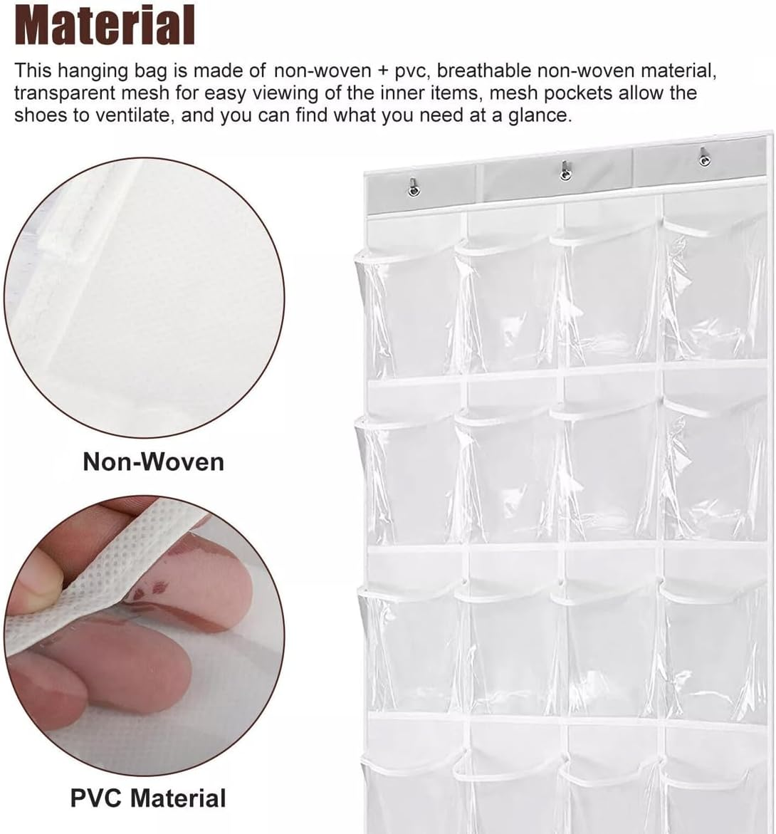 AIMALL 24-Pocket Over-The-Door Shoe Organizer, Hanging Shelf Storage with Stainless Steel Hooks, Durable Non-Woven Polyester, Space-Saving, 17.7X53 Inches - White image number 2