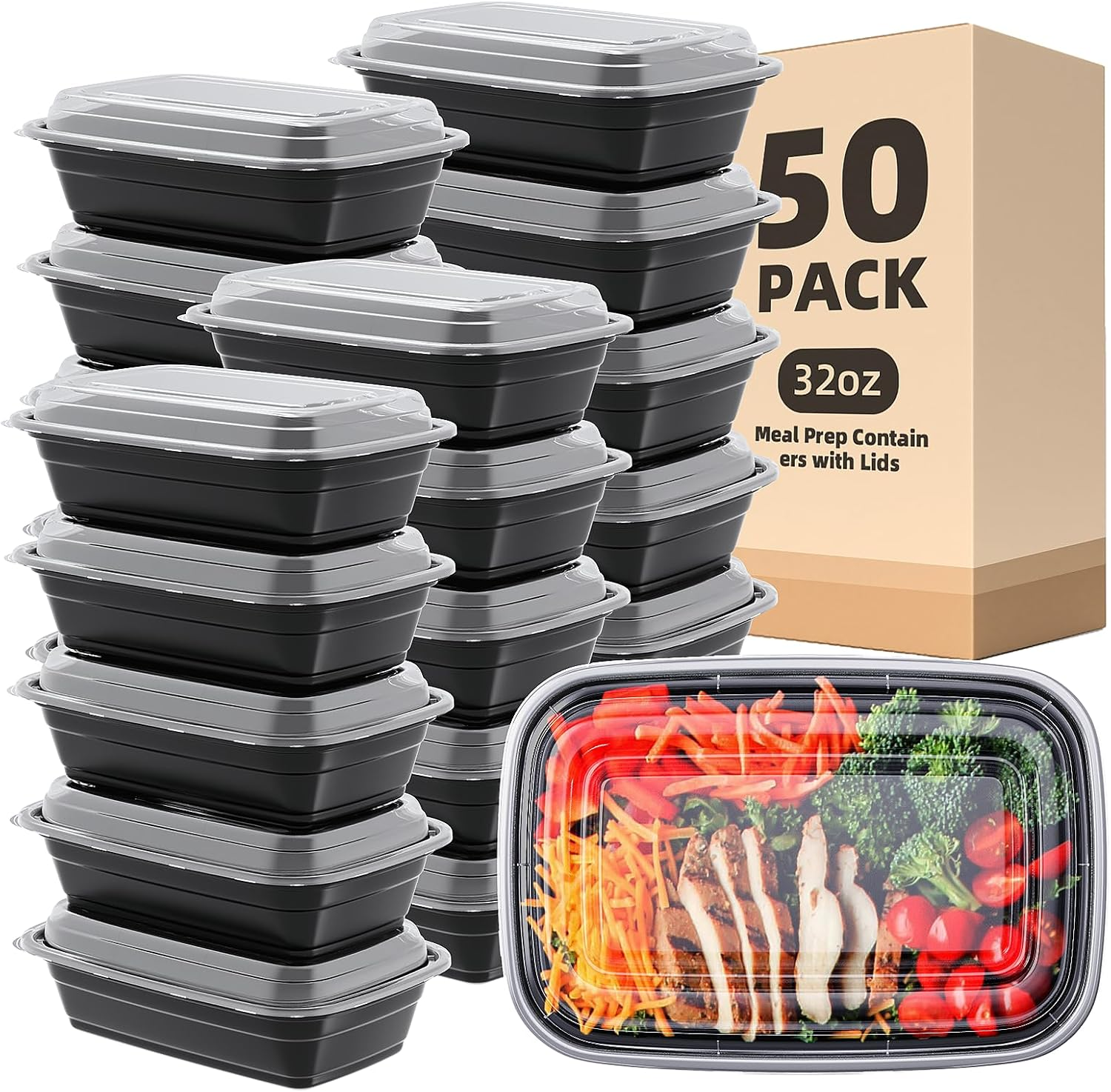 50 Pack 32 Oz Meal Prep Container, Food Storage Containers with Lids, Bento Box Reusable Plastic Lunch Box Kitchen Food Take-Out Box Microwave Dishwasher Freezer Safe image number 6