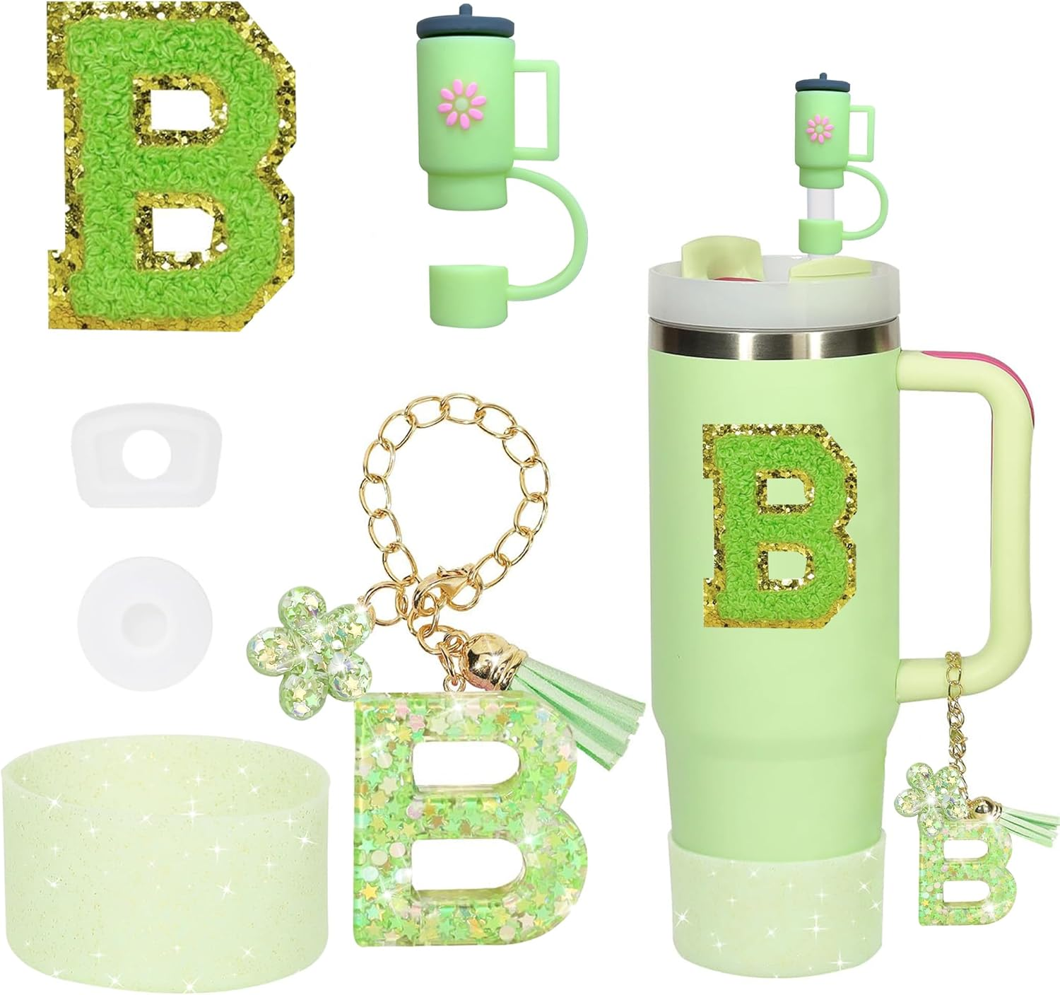6PCS Cup Accessories Set for Stanley Cup 30Oz 40Oz Tumbler with Handle, Including Silicone Straw Topper Cover Cap and Boot, Spill Proof Stopper, Handle Charm, Initials Sticker(Green S)
