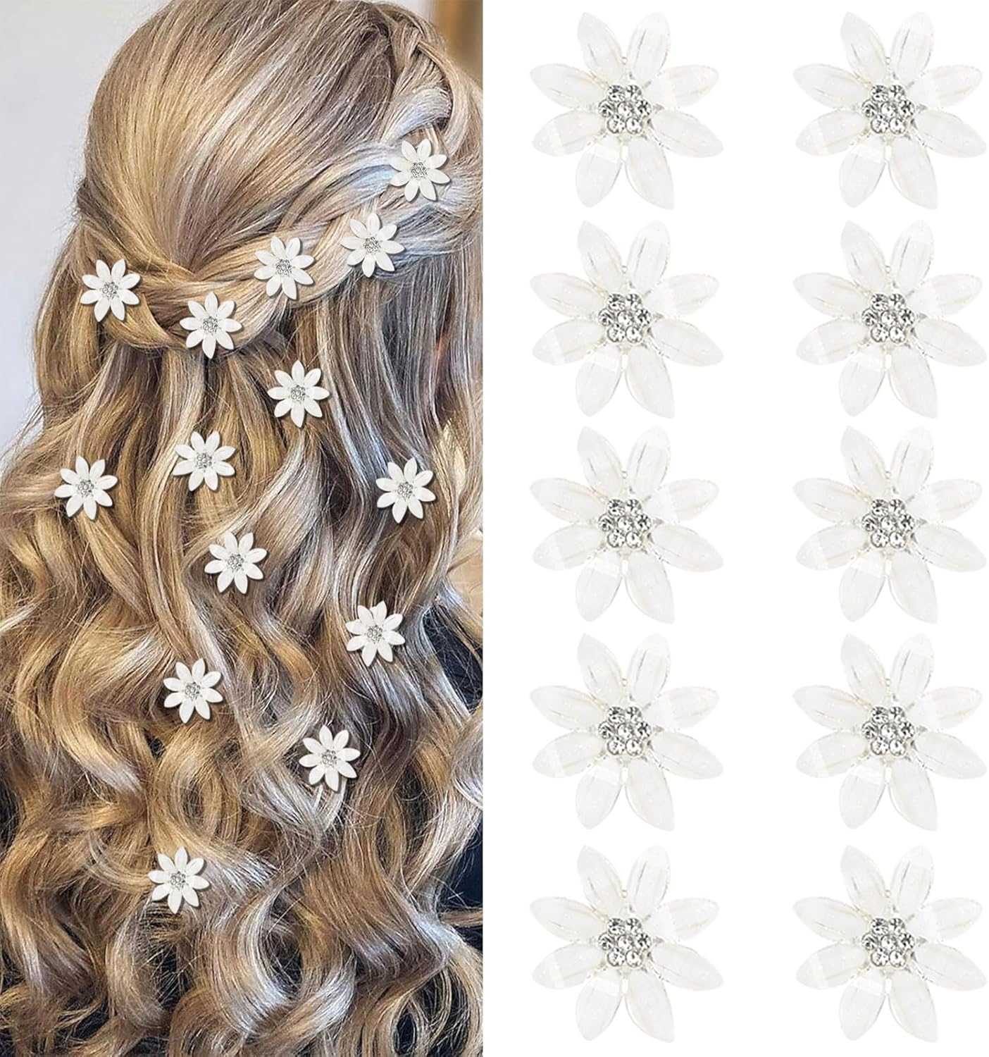 Mezrkuwr Pack of 10 White Mini Flowers Hair Clips with Rhinestones, Eight Leaf Flower Hairpins, Decorative Hair Clips, Wedding Hair Clips, Flower Hair Accessories image number 2