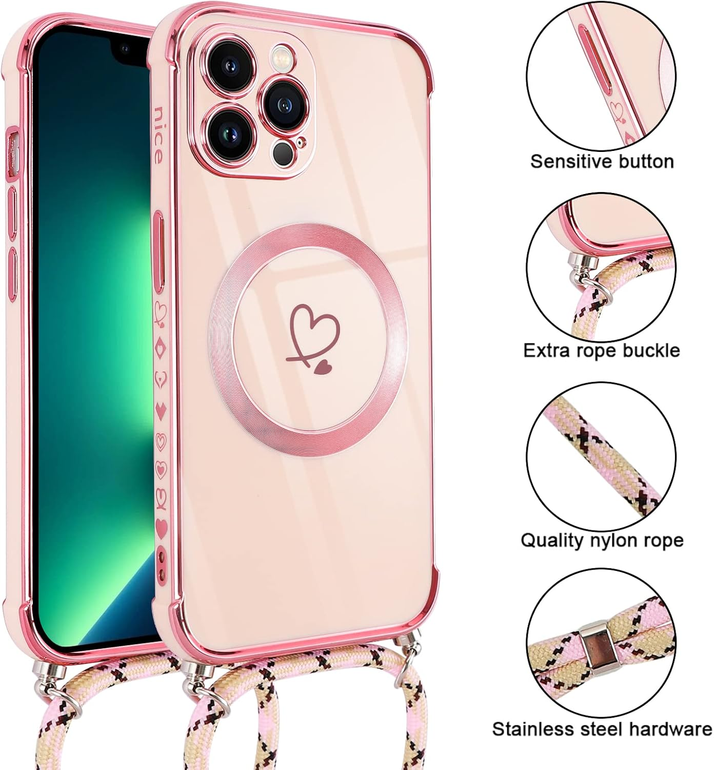 Pnakqil Mobile Phone Chain for Iphone 13 Pro Max Case with Strap, Compatible with Magsafe, Mobile Phone Case Ultra Thin Silicone Magnetic with Heart Love Pattern Protective Case with Cord for Iphone 13Pro Max 6.7 Inches, Pink image number 4