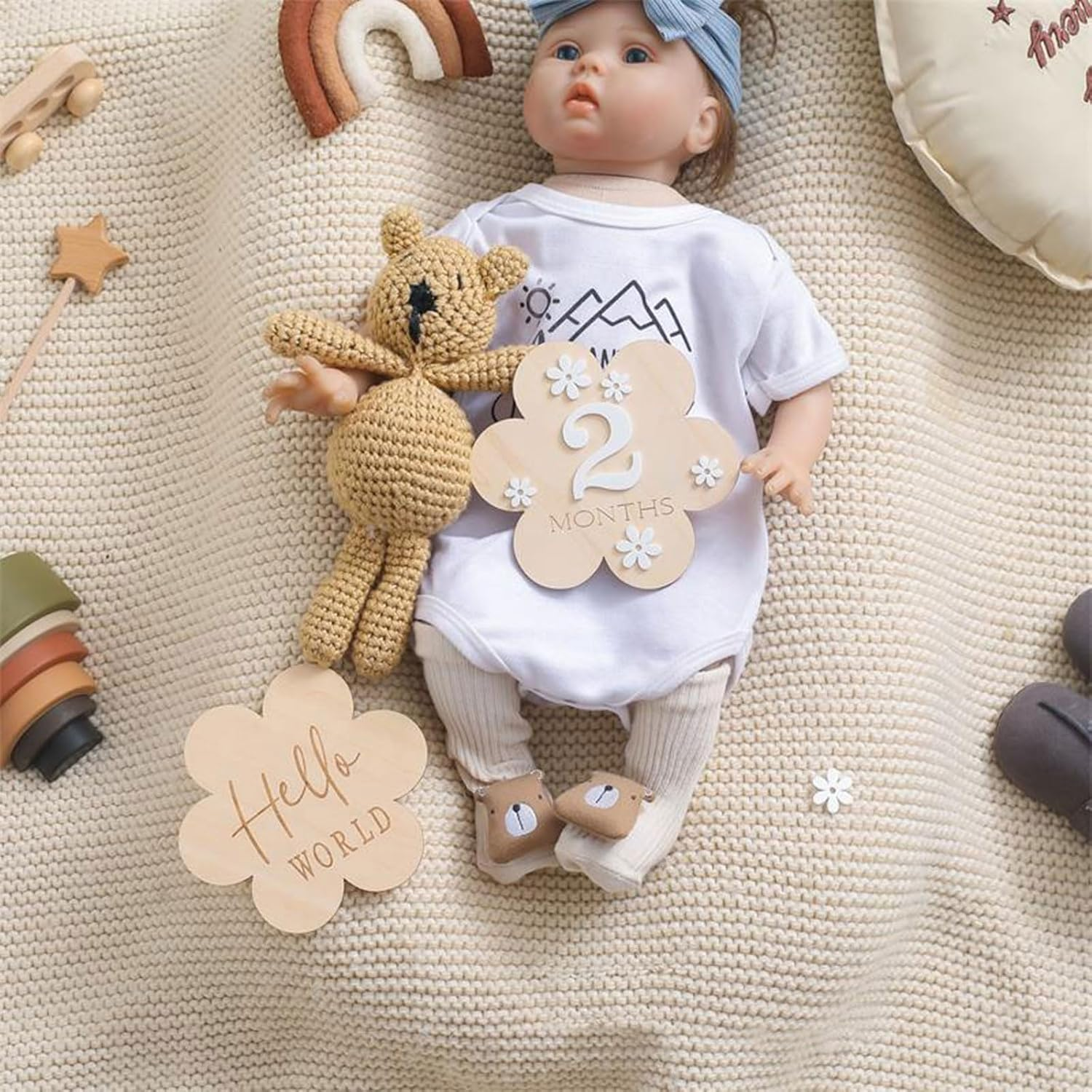 A Set of Baby 1-12 Months Wooden Milestone Baby Growth Record Photo Atmosphere Props,Memorial Photo Prop,Wooden Newborn Milestone Monthly Cards (A-White Number) - A-White Number image number 4
