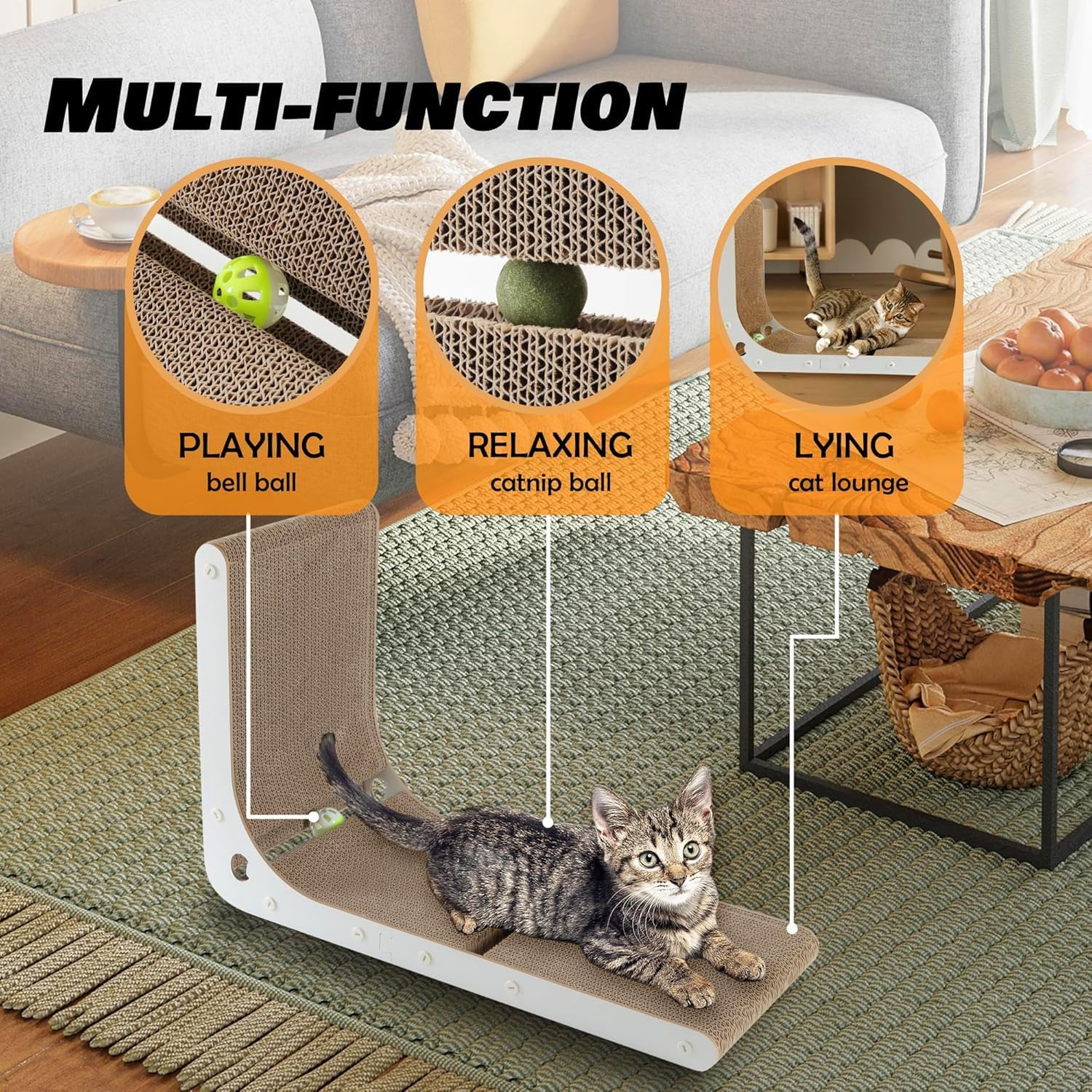 MUSONG Cardboard Cat Scratcher, L-Shape Vertical Cat Scratching Board with Built-In Catnip Toy Balls, Wall-Mounted Scratch Pad for Indoor Large Cats, Durable Cat Scratcher Pad, White image number 3