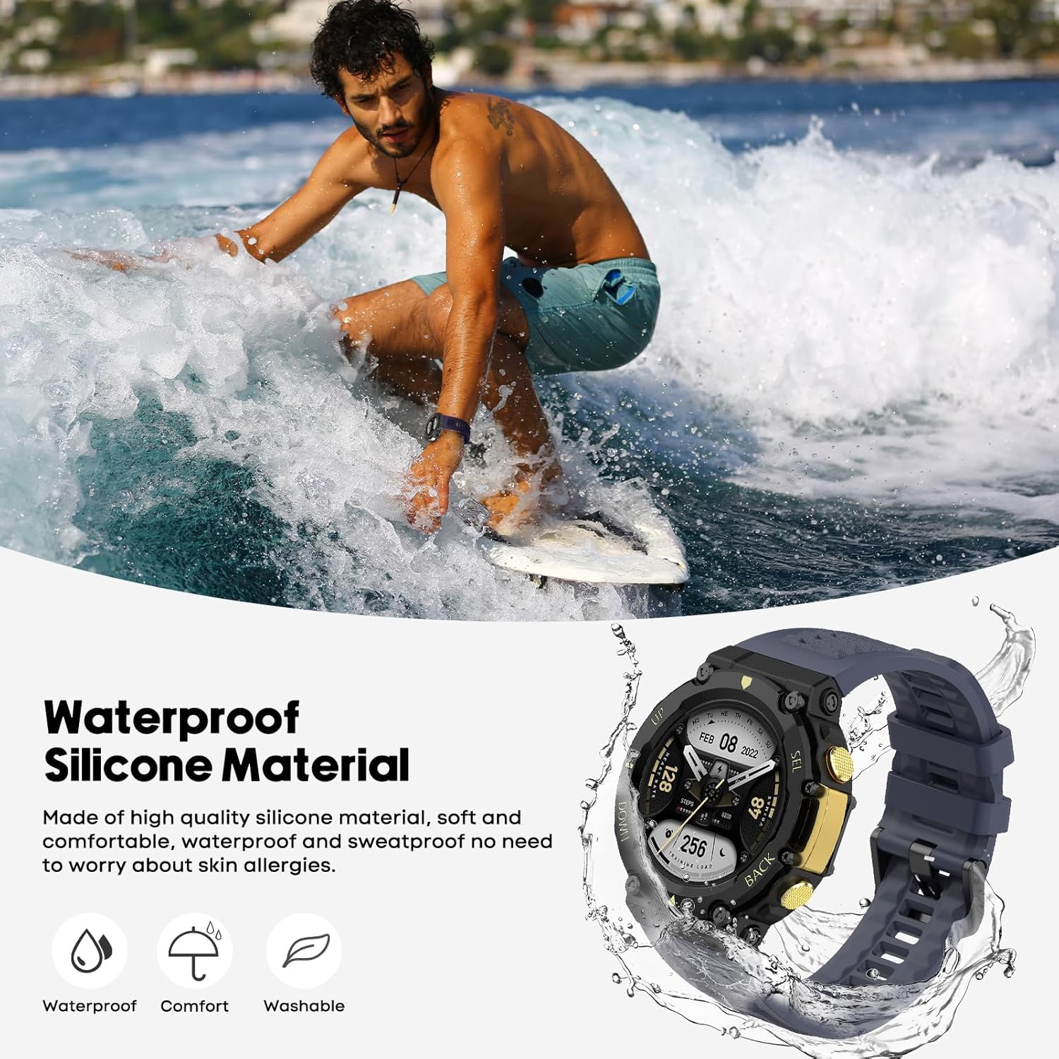 CHULN Pack of 2 Silicone Wristbands Compatible with Amazfit T-Rex 2, Adjustable Waterproof Replacement Wristband Sports Strap for Amazfit T-Rex 2 - 2 Pcs-A image number 3