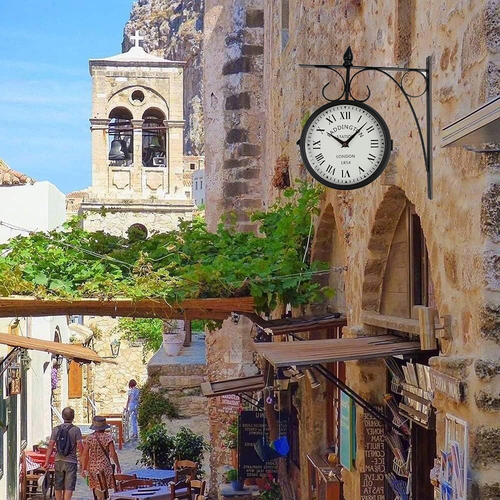 Wrought Iron Antique-Look Brown round Wall Hanging Double Sided Two Faces Retro Station Clock round Chandelier Wall Hanging Clock with Scroll Wall Side Mount Home D&eacute;cor Wall Clock (Black+White) - Copper image number 4