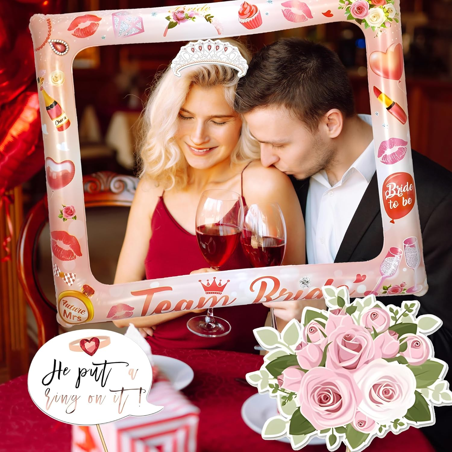 23Pcs Rose Gold Hen Party Photo Booth Props with 1Pc Giant Inflatable Team Bride Selfie Frame, Photo Booth Frame Kit for Hens Night Decor & Bridal Shower Accessories image number 3