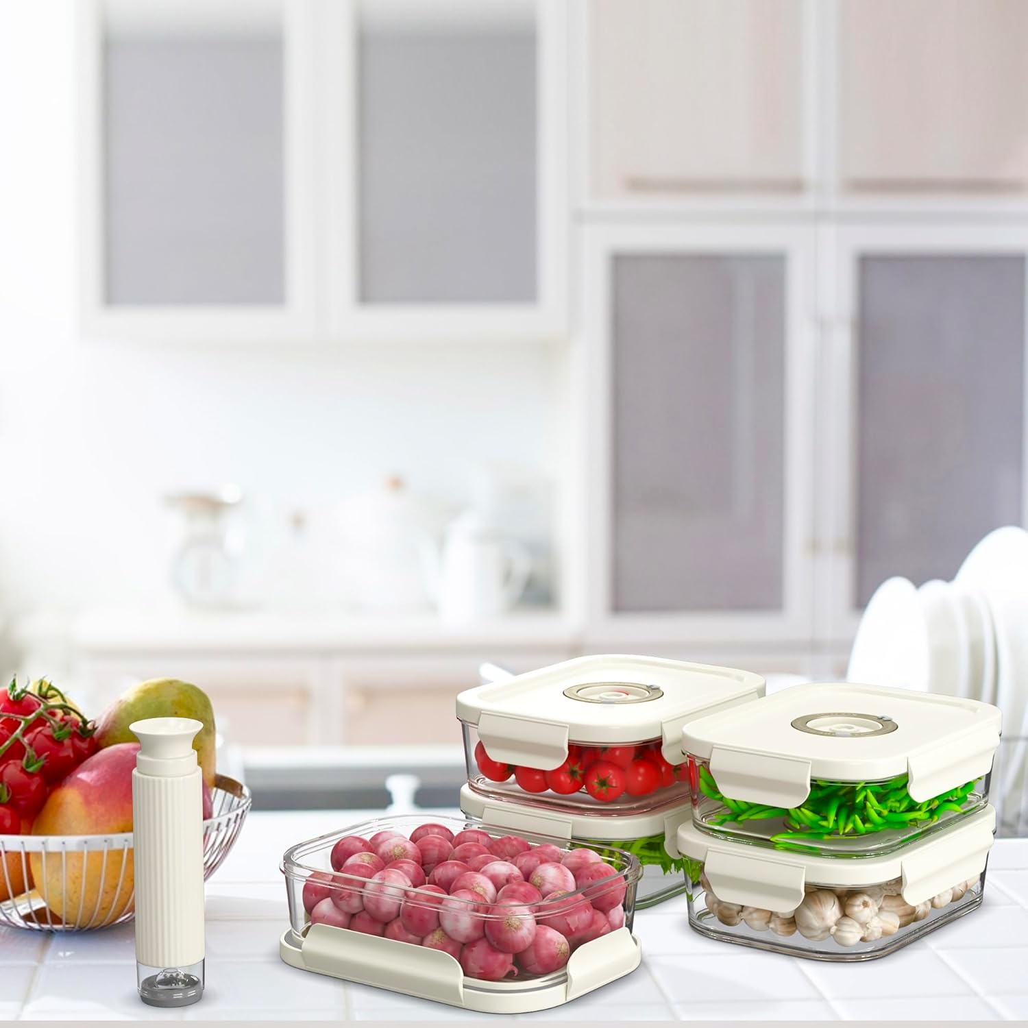 Unique Impression 5 Pack 1040Ml Glass Vacuum Food Storage Containers with Date Tracker & Pump - Airtight Vacuum Containers with Lids - Oven,Microwave and Fridge/Freezer Safe - Leak Proof