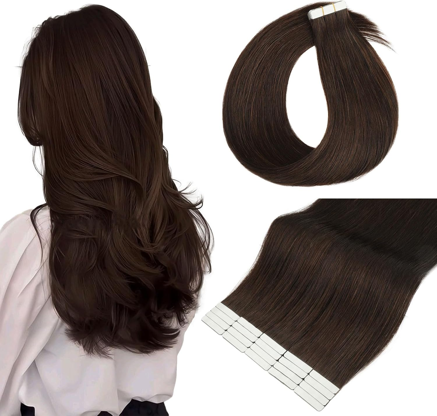 Yuniffe Tape in Hair Extensions Human Hair 40Cm Jet Black Human Hair Extensions Tape Ins 20Pcs 50G Seamless Skin Weft Tape Hair Extensions for Women Semi-Permanent Pre-Taped 16 Inch #1