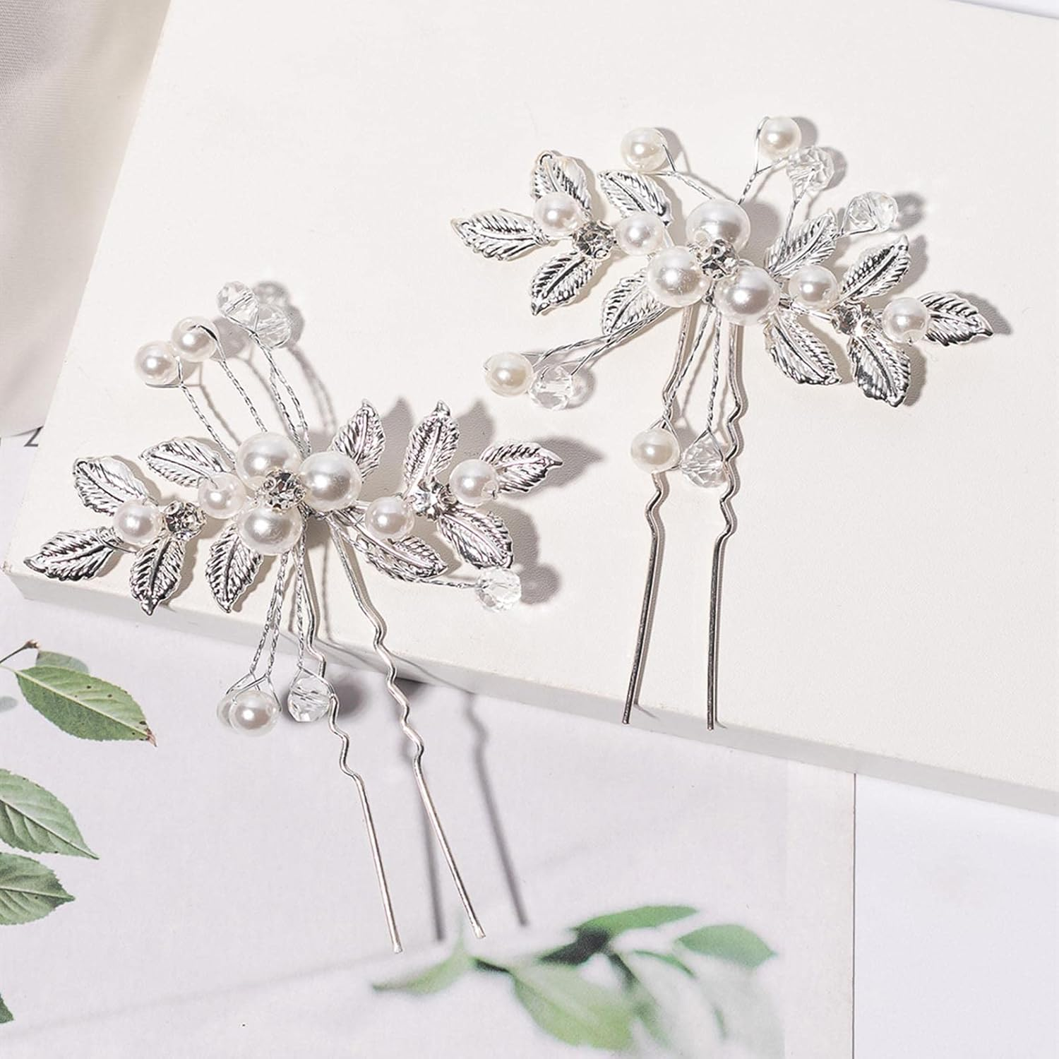 Wendalern Wedding Crystal Hair Clip Crystal Beads Hair Clips Rhinestone Bridal Hair Pin Silver Leaf Pearl Headpiece Decorative Hair Accessories for Women and Girls image number 6