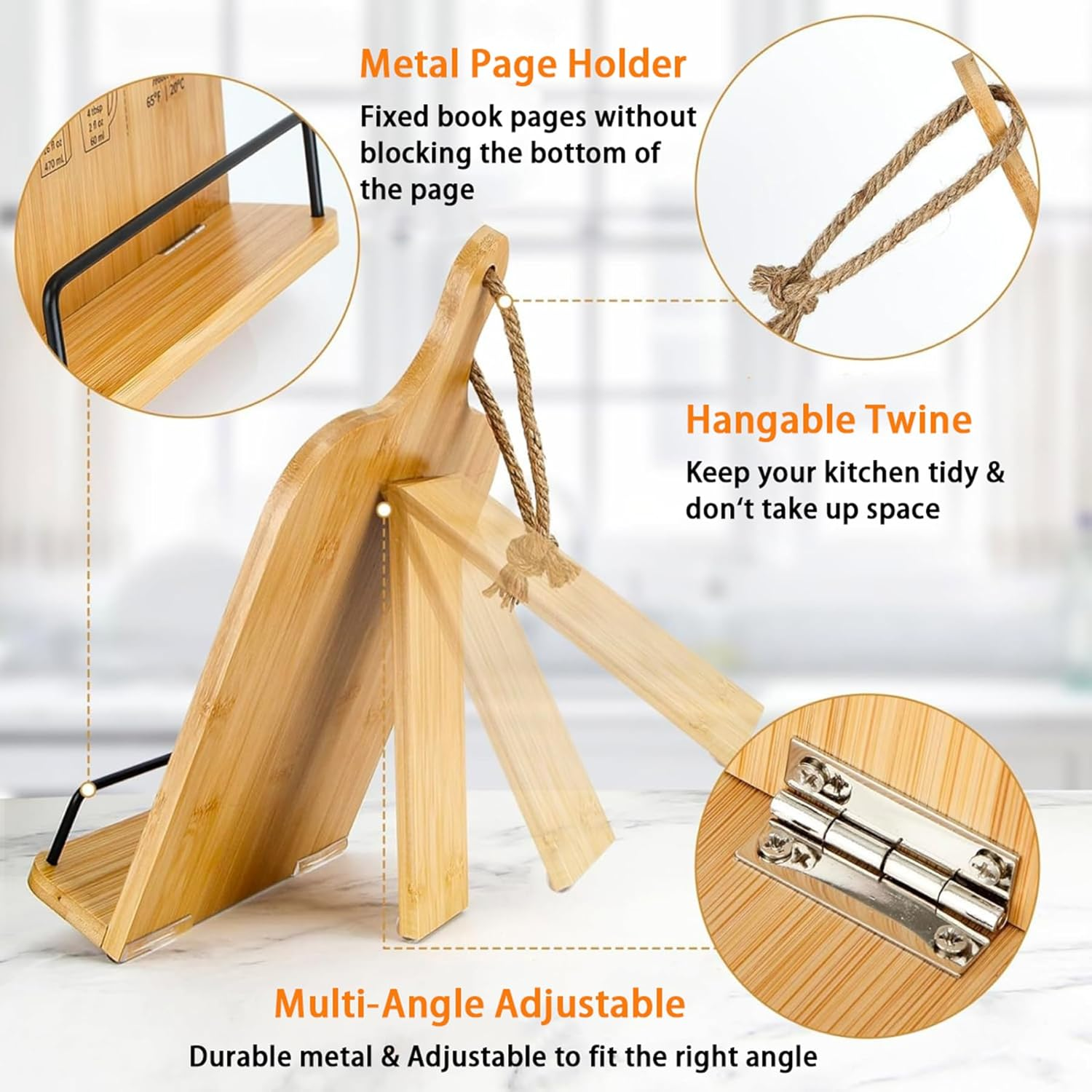 FORYUSE Cookbook Stand Wooden Recipe Book Holder with Measurement Conversion Chart Adjustable Rustic Cook Book Stand for Kitchen Counter image number 2