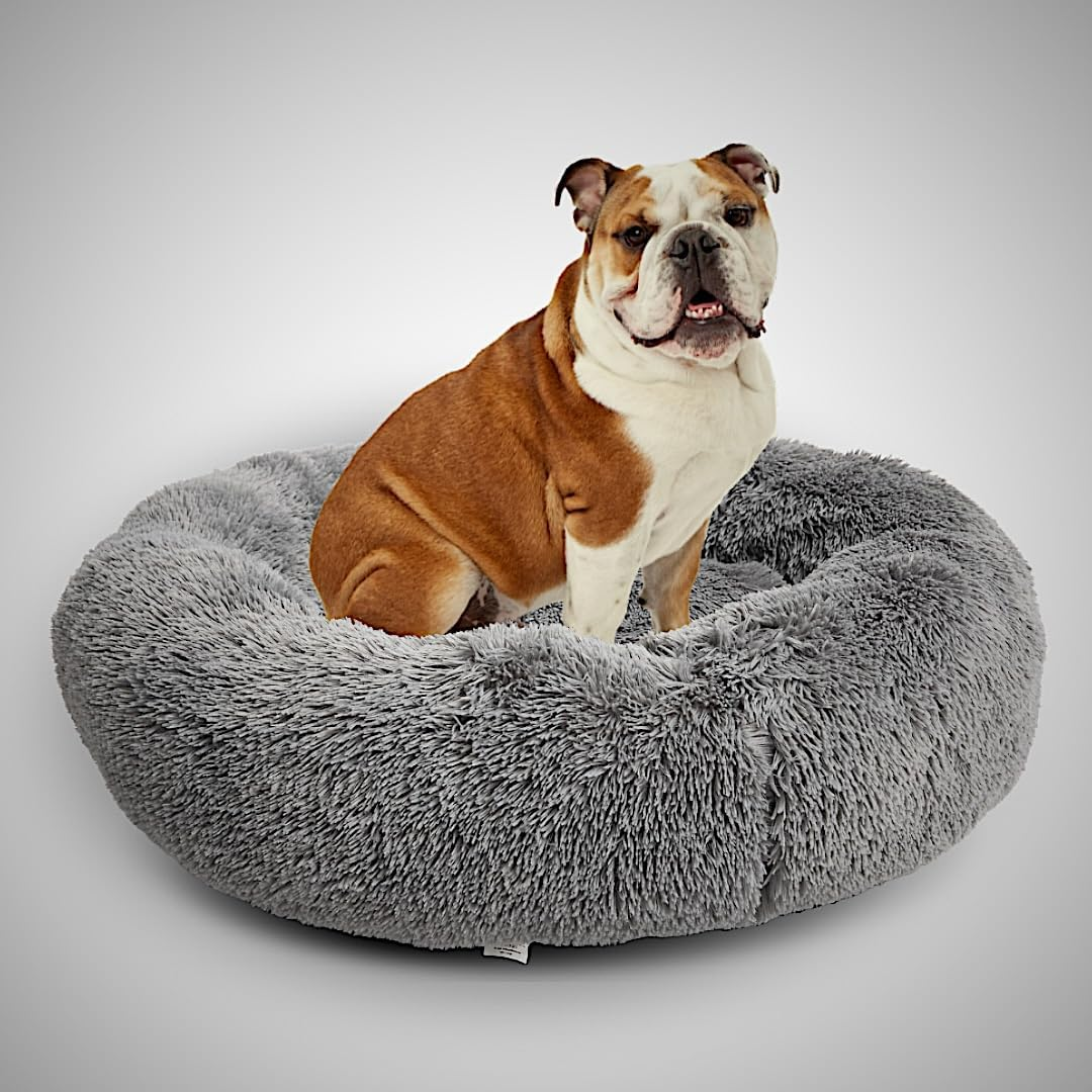 Calming Dog Bed and Cat Bed, Donut Dog Bed Medium, Recycled (GRS) Material, Extra Long Plush, Fuller Bolster and Cushion, Anti-Slip Bottom, Machine Washable Dog Bed [Medium/Gy] image number 6