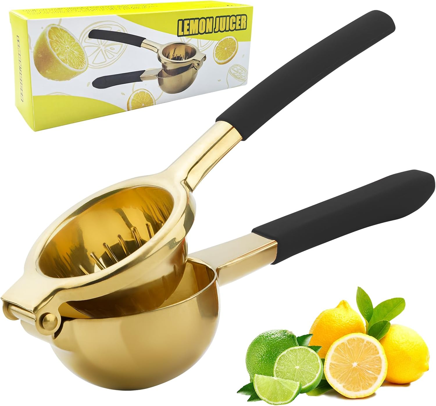 Lemon Squeezer, Large Heavy Duty Handhelp Juicer for Lemon, Stainless Steel Hand Press Citrus Juicer, Lime Squeezer Bar Tool, Manual Citrus Press (Gold & Black)