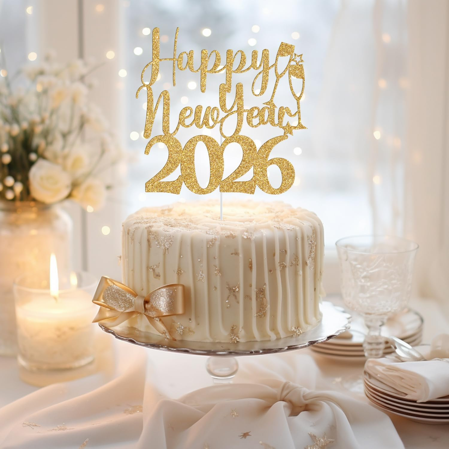 Happy New Year 2025 Cake Topper, Happy New Year Cake Decorations, Welcome 2025, Hello 2025, Christmas Holiday New Years Eve Party Decorations, Gold Glitter - Rose Gold Glitter image number 7