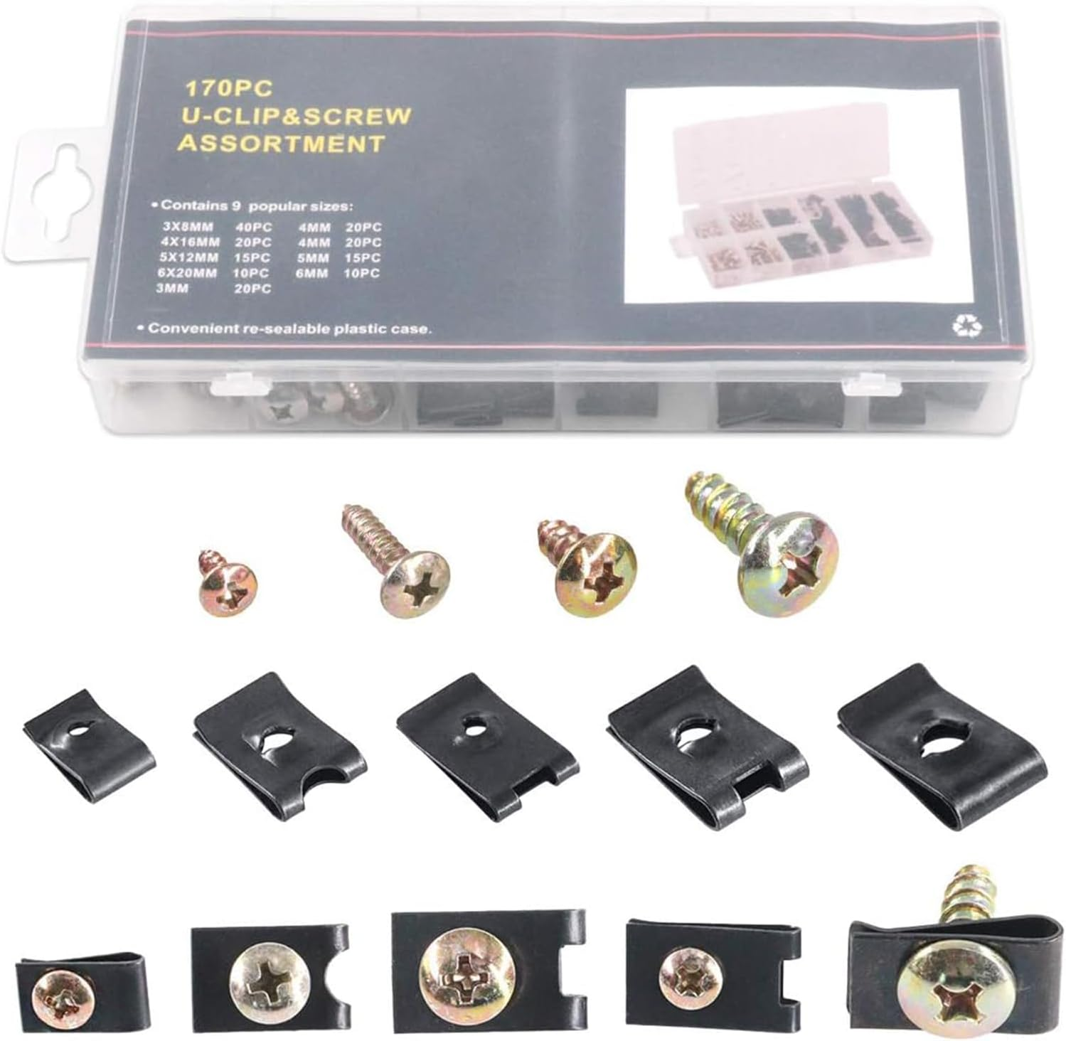 Funcyboo 170 Pcs U-Clip and Screw Assortment Kit, 9 Sizes U Type Clips and Nuts Auto Car U-Clip Universal Bumper Cover Screws for Dash Door Bumper Panel Interior image number 6