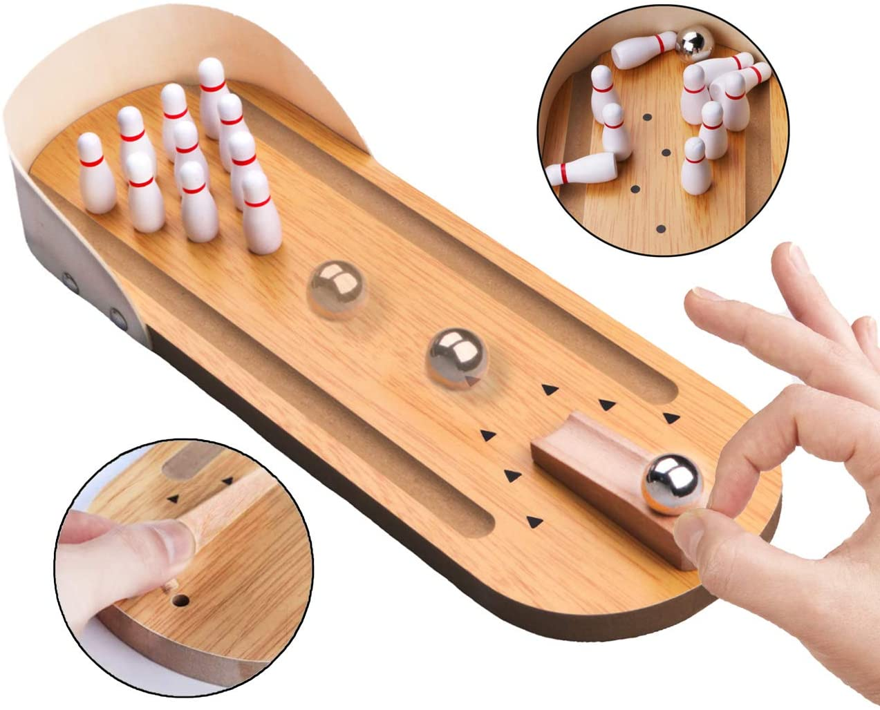 Table Top Mini Bowling Game Set-Tabletop Wooden Board Mini Arcade Desktop Tiny Bowling Shooting Alley Office Desk Stress Relief Gadgets Small Finger Toys Fun Gag Gifts for Menwomen Kids Teens Boys image number 4