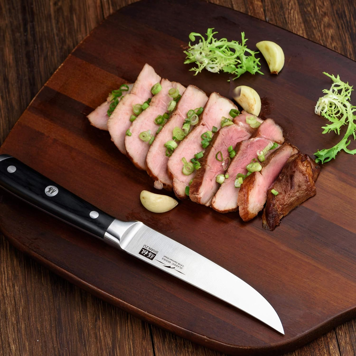 SHAN ZU Kitchen Steak Knives Set of 4, High Carbon German Stainless Steel Knives with 15&deg; Double Sided Edge & Ergonomic Pakkawood Handle image number 2