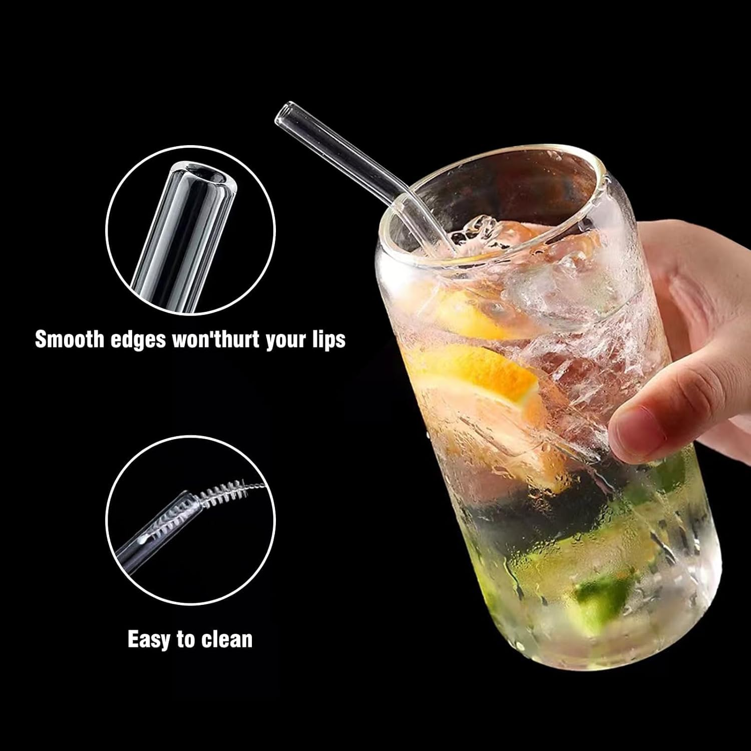 DAMCONME Glass Straws 6 Pack, Reusable Clear Drinking Straws-6 Bent Straws with 1 Clean Brush-Plastic-Free Cleaning Brush - Dishwasher Safe -Suit 16 Oz Glass Cup for Smoothies Cocktails Mojito Ect image number 1