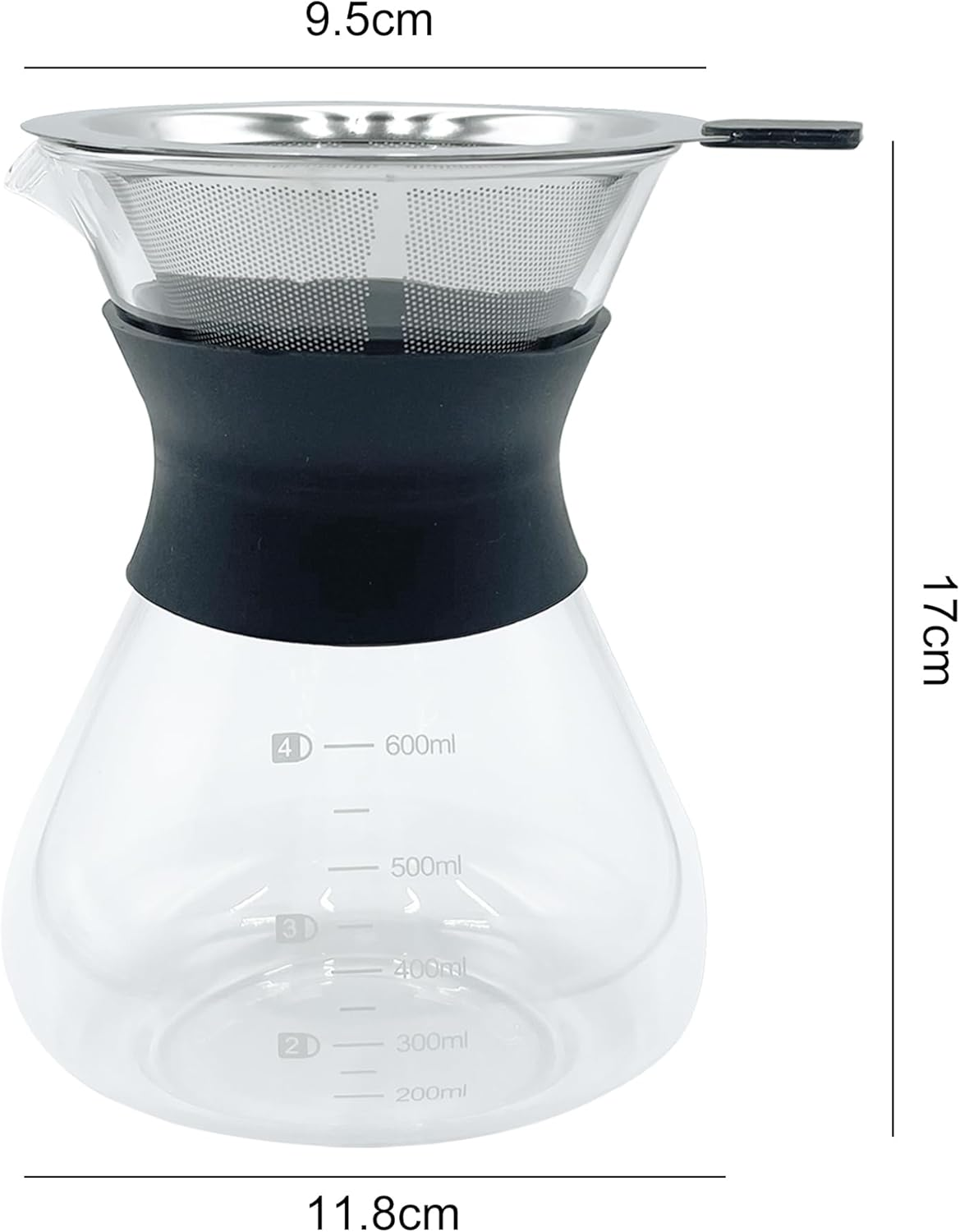 Pour over Coffee Maker 600Ml - Borosilicate Glass Carafe with Stainless Steel Filter, V-Shaped No-Drip Spout & Heat-Resistant Silicone Grip - Manual Drip Coffee Brewer for Barista-Quality Coffee image number 4