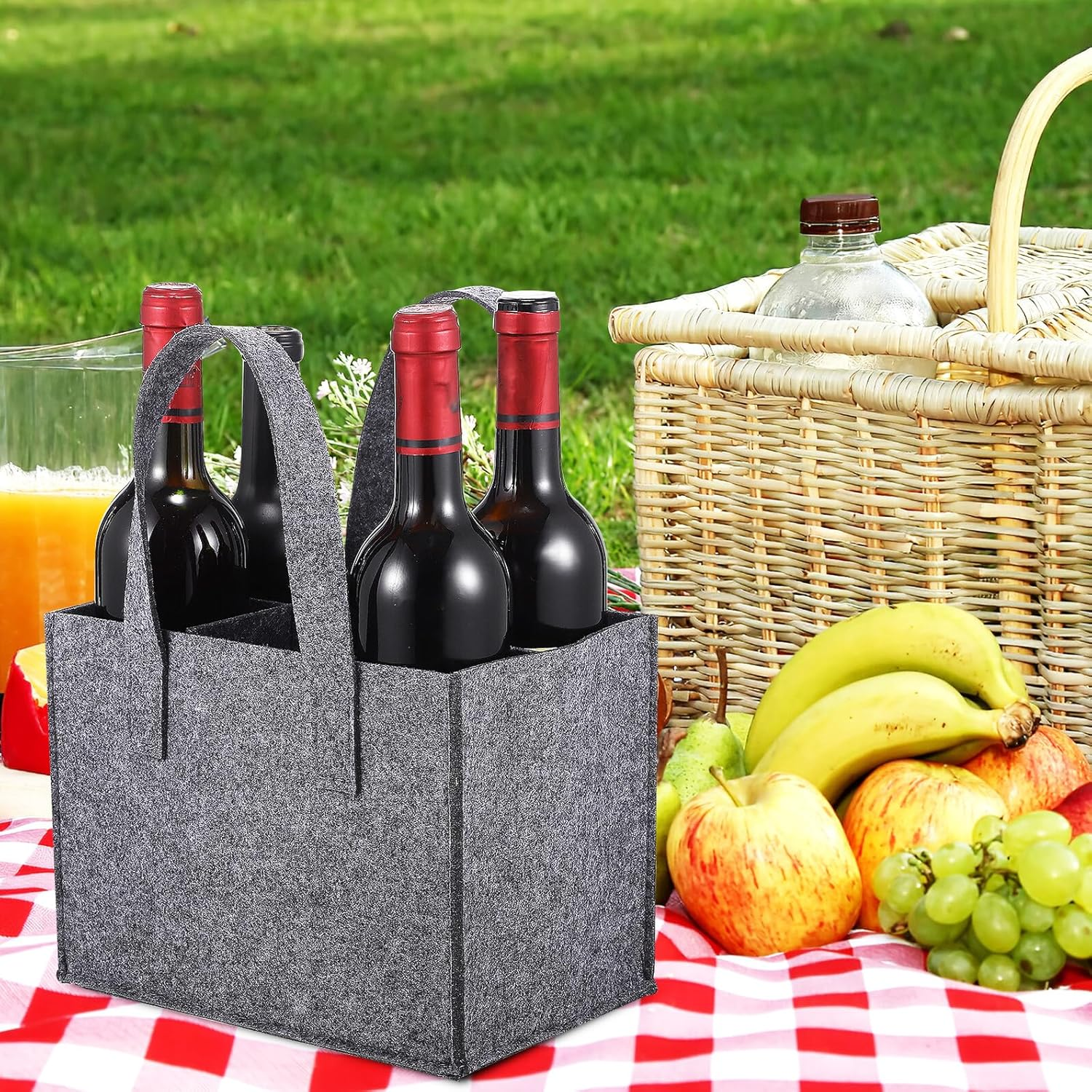 OSOLADY 4Pcs Thick Felt Wine Bottle Tote Bag Carrier with Sturdy Handle for Travel Camping Picnic Soft Felt Storage Handbag Medium Grey Wine Storage Bags image number 6