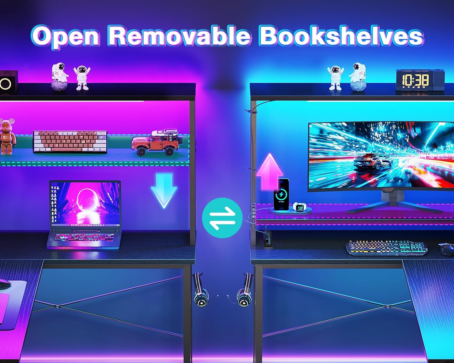 ODK L Shaped Gaming Desk with LED Lights & Power Outlet,Reversible Computer Desk with Adjustable Shelves, Corner Desk with Storage Bag & Headphone Hook for Home Office,Gaming,115 * 80 * 75.6Cm,Black image number 3