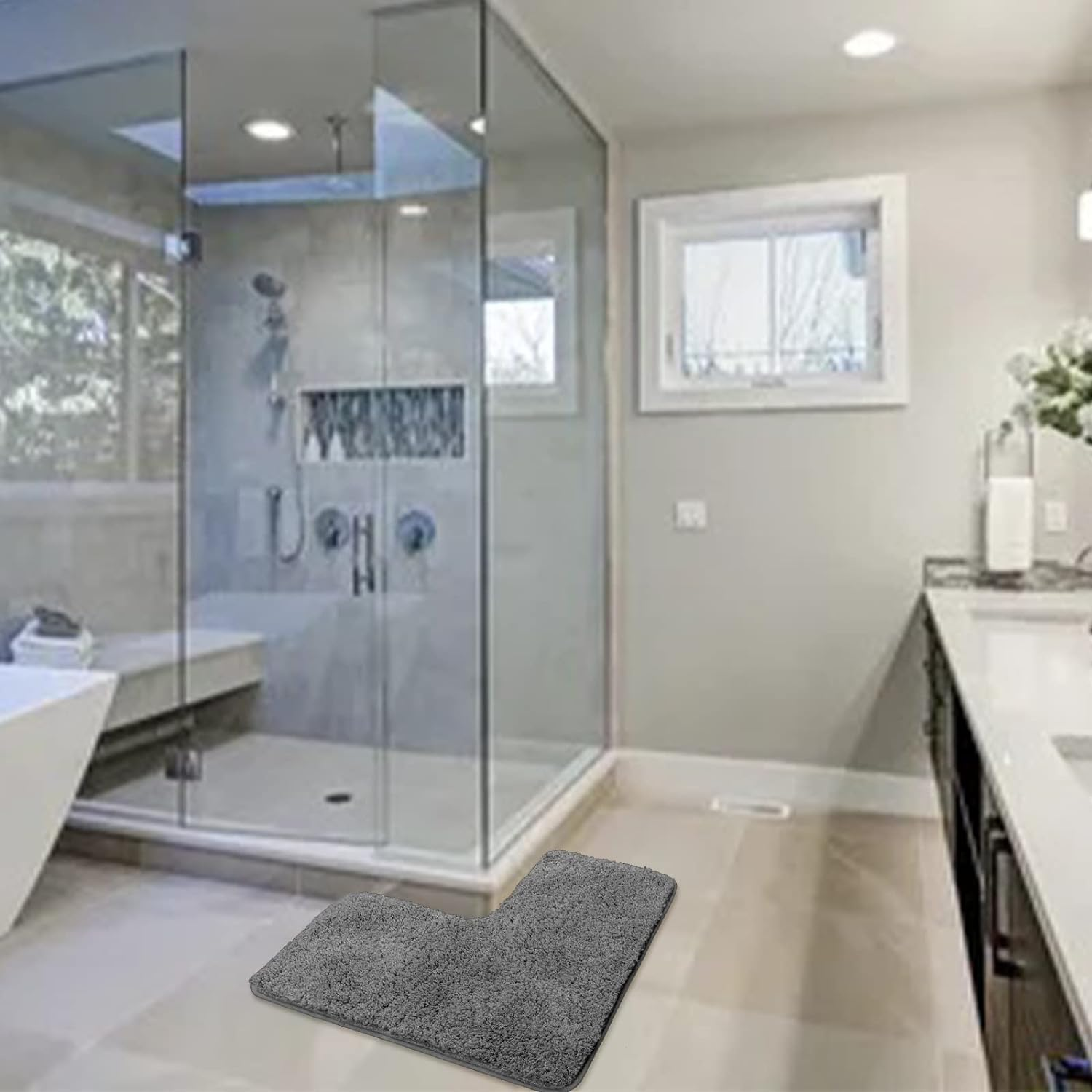 Miners2000 Shaggy Bathroom Rug, L-Shaped Dark Grey Bath Mat, Non Slip Corner Shower Mat, Water Absorbent Soft Bath Rug, Fluffy Washable Rug Carpet for Square Shower, Tub, Bath Room