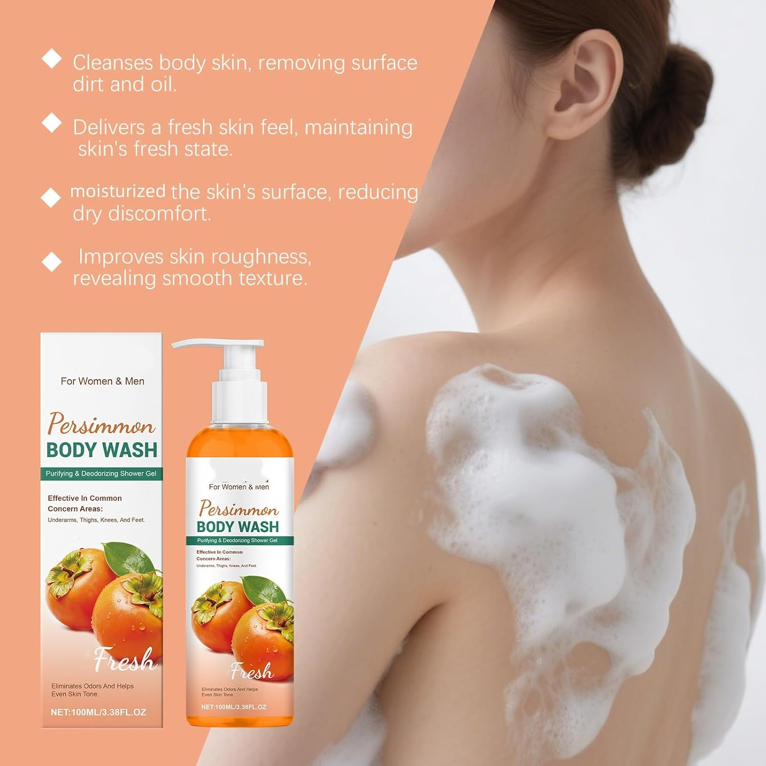 Persimmon Body Wash for Odor Control, Purifying & Deodorizing Shower Gel with Persimmon Extract, Moisturizing Body Wash for Women & Men, Cleaning, Fresh, Odor Removal, Anti-Odor (1PCS) image number 4