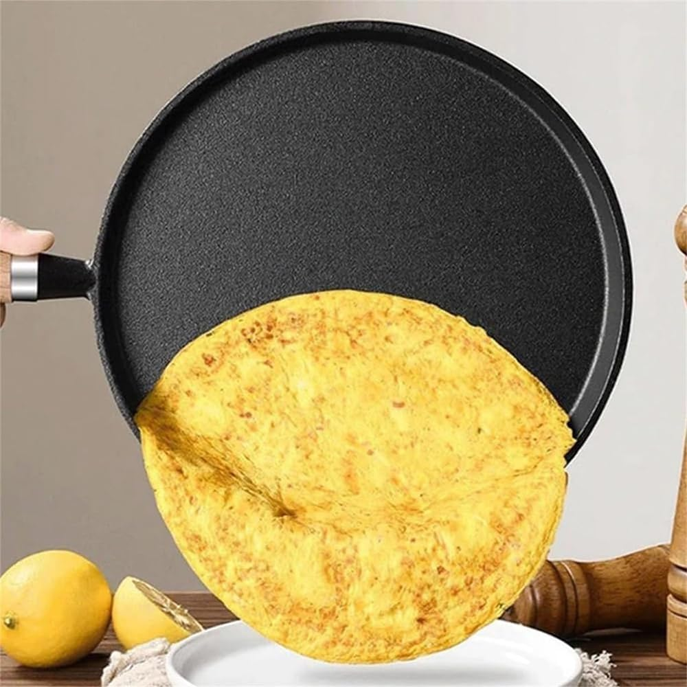 Cast Iron Skillet Pancake Pan round Griddle Thick Nonstick Egg Frying Pan Tortilla Crepe Pans Anti-Scalding Wooden Handle Uncoated 26Cm image number 3