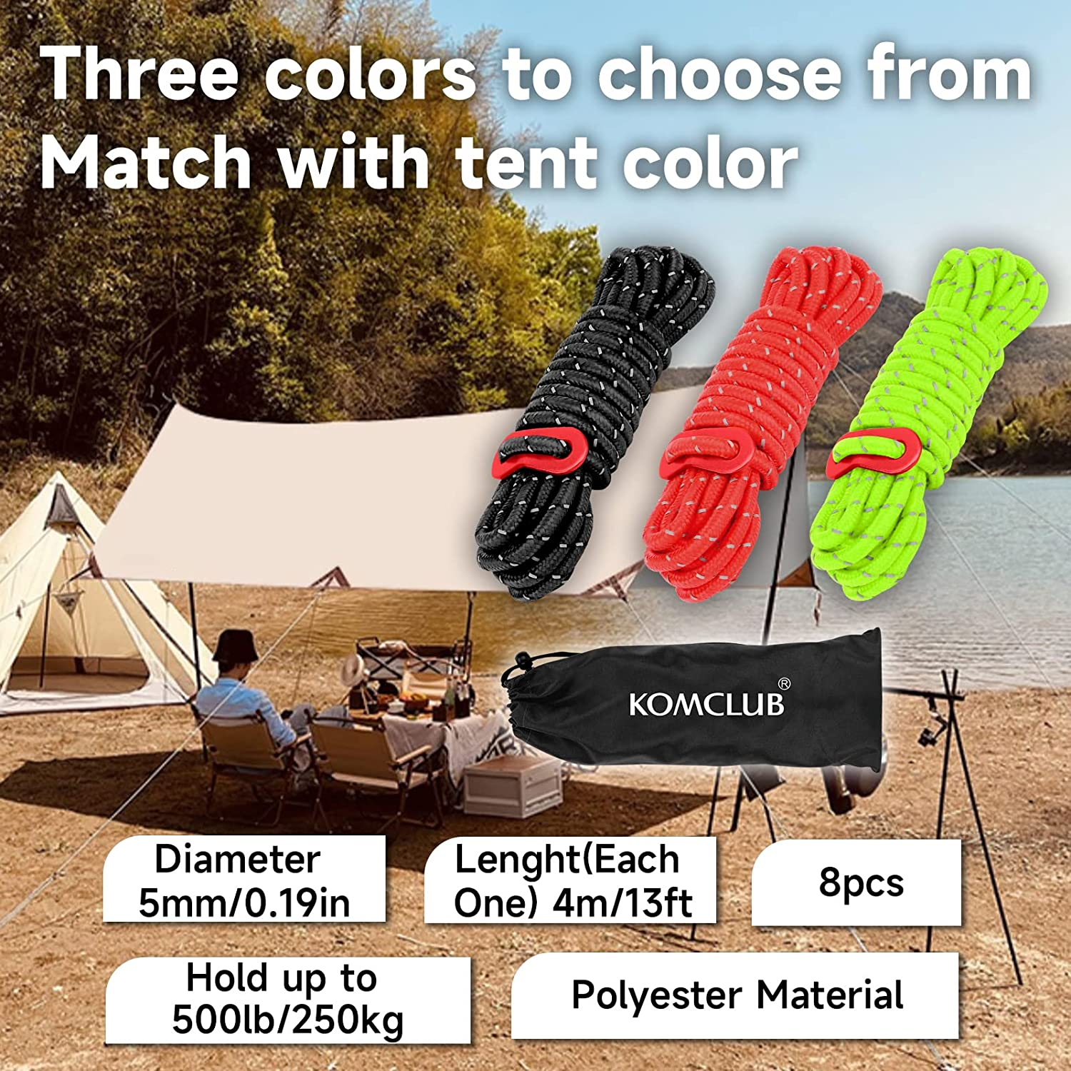 KOMCLUB 4Mm Reflective Guy Lines Tent Cords, Lightweight Camping Rope with Aluminum Guylines Adjuster Tensioner Pouch for Tent Tarp Canopy Sheleter Camping Hiking (Black- 8 Pack) image number 4