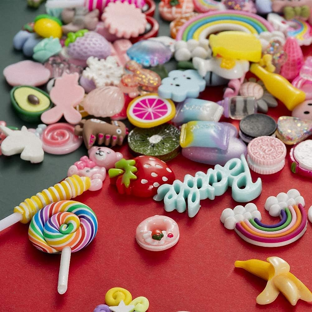 50Pcs Cute Slime Charms Mixed Set Resin Flatback Making Supplies for DIY Craft Making and Ornament Scrapbooking Beads Assorted Candy Fruit Cake Ornament, 100Pcs, Resin, No Gemstone
