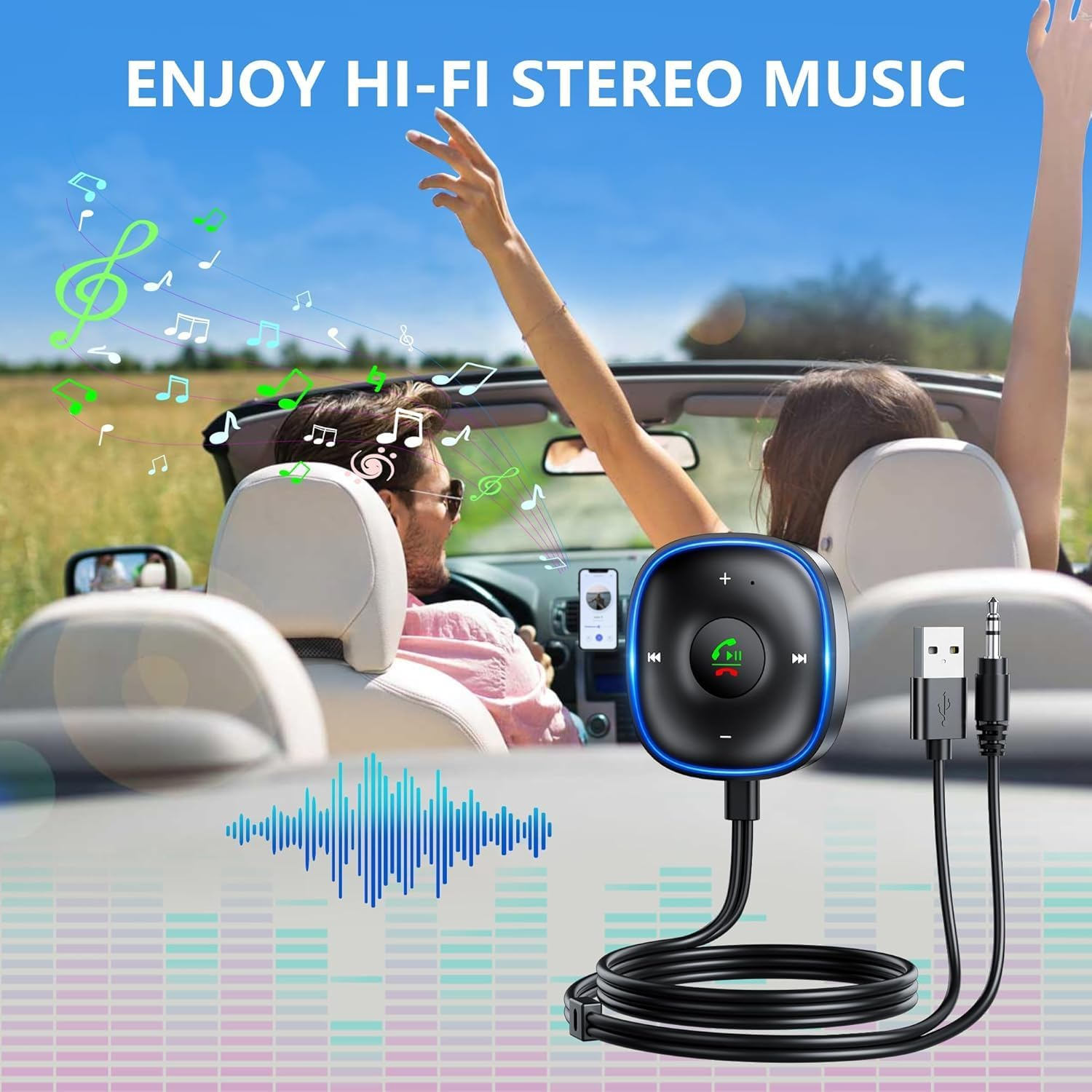 SONRU Aux Bluetooth Adapter for Car, Bluetooth 5.3 Aux Adapter with Mic Noise Cancellation, [Dual Connection&Plug-And-Play] Bluetooth Receiver for Car/Home Stereo Music Streaming and Hands-Free Calls