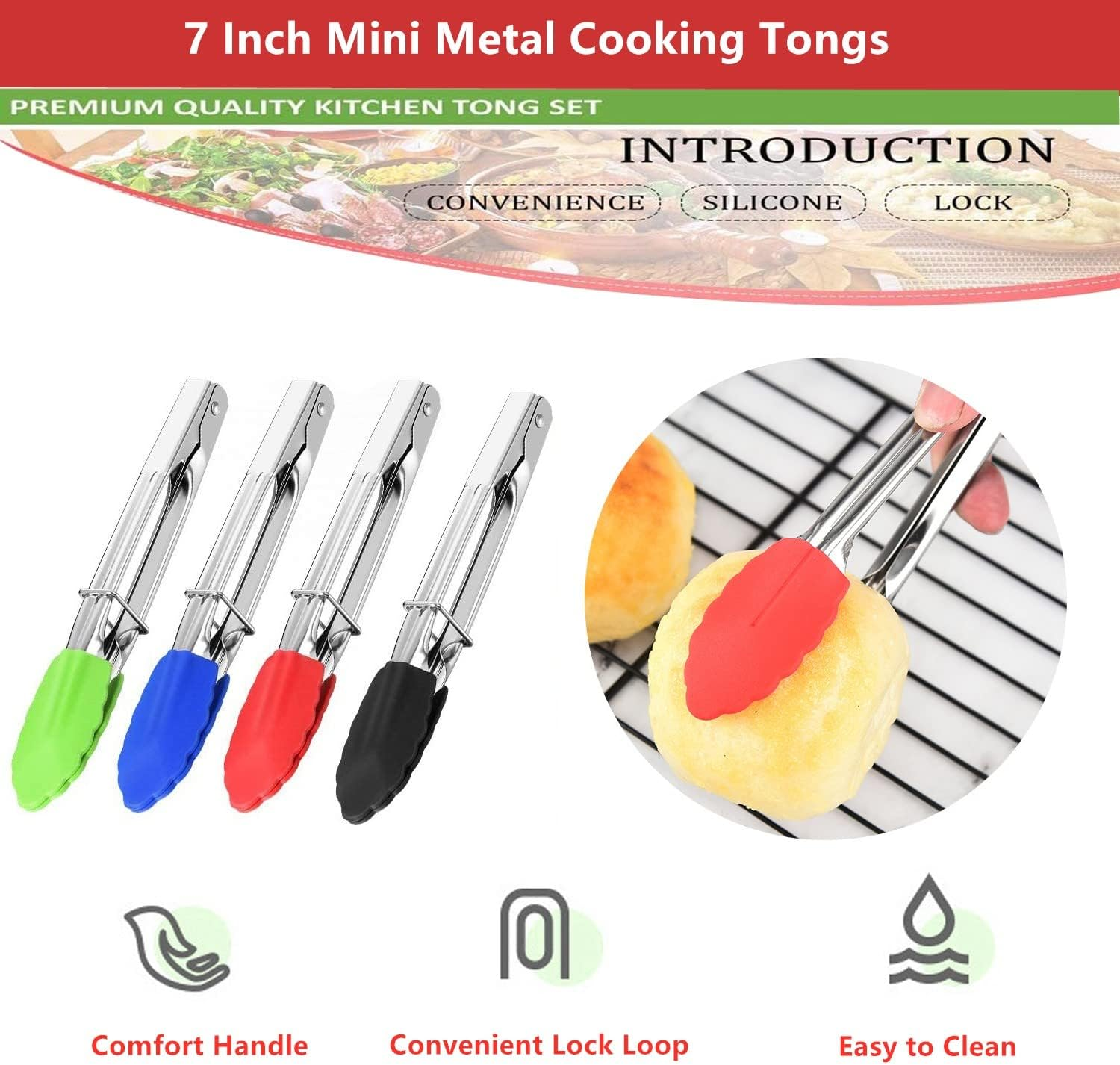 Mini Kitchen Tongs with Silicone Tips,Silicone Serving Tongs of 3 Set,7 Inch Non-Stick Small Tongs with Stainless Steel Silicon Handles, Heat Resistant Tongs for Cooking, Serving (Multi-Color) image number 4