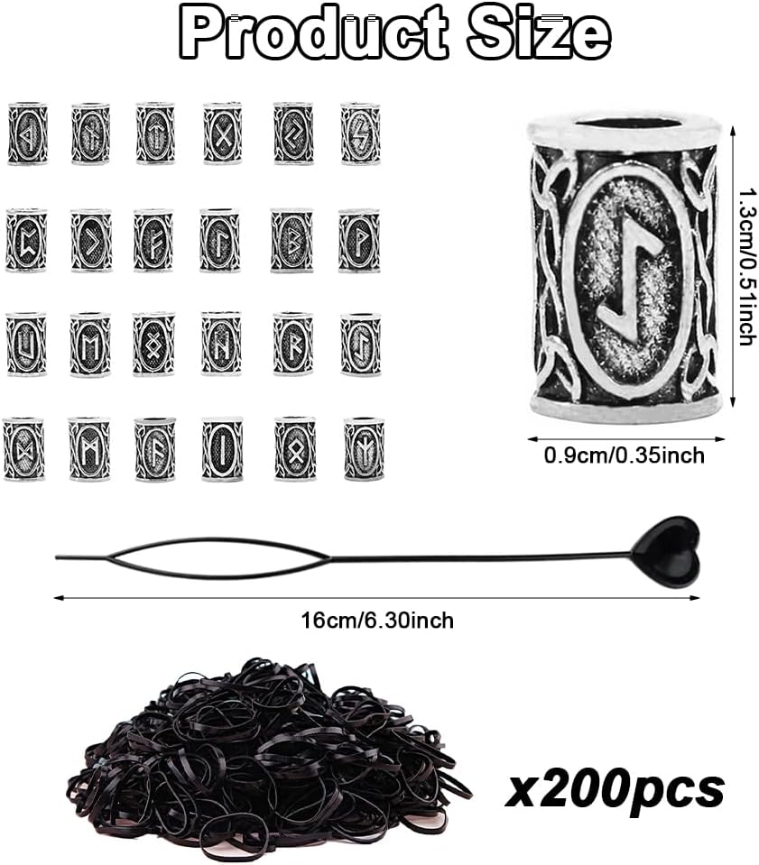 24 Piece Beard Beads Set Viking, Viking Rune Beard Beads with 6 Pull Hairpin Quick Beader and 200 Rubber Bands, Nordic Hair Tube Beads, Beard Jewellery Men for Bracelet Necklace DIY Pendant image number 4