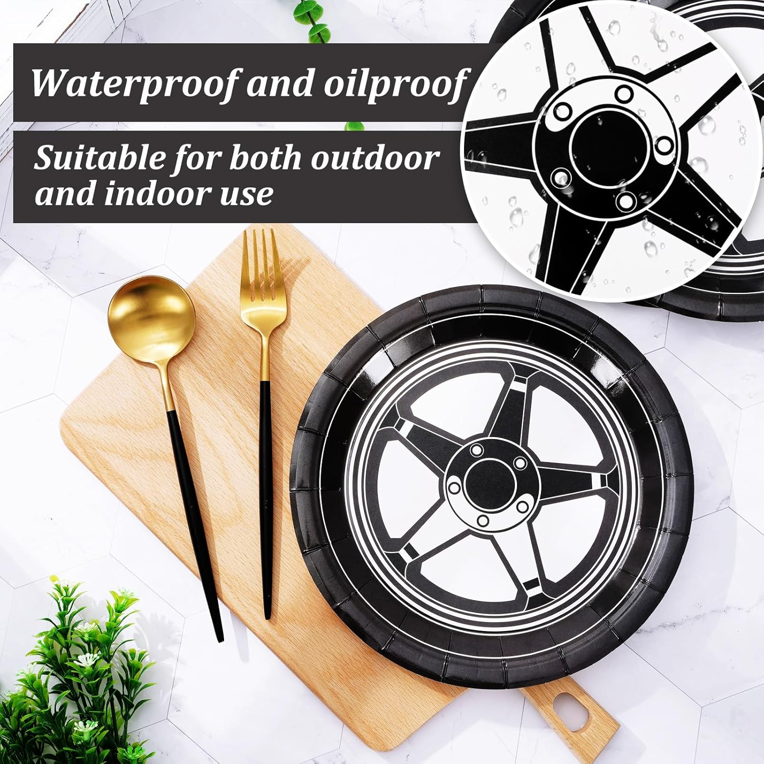 Jarthenaamcs Racing Car Plates Car Wheel Disposable Paper Plates Black White Dinner Plates 9 Inch Dessert Plates for Party Supplies Table Decor, 24Pcs image number 3