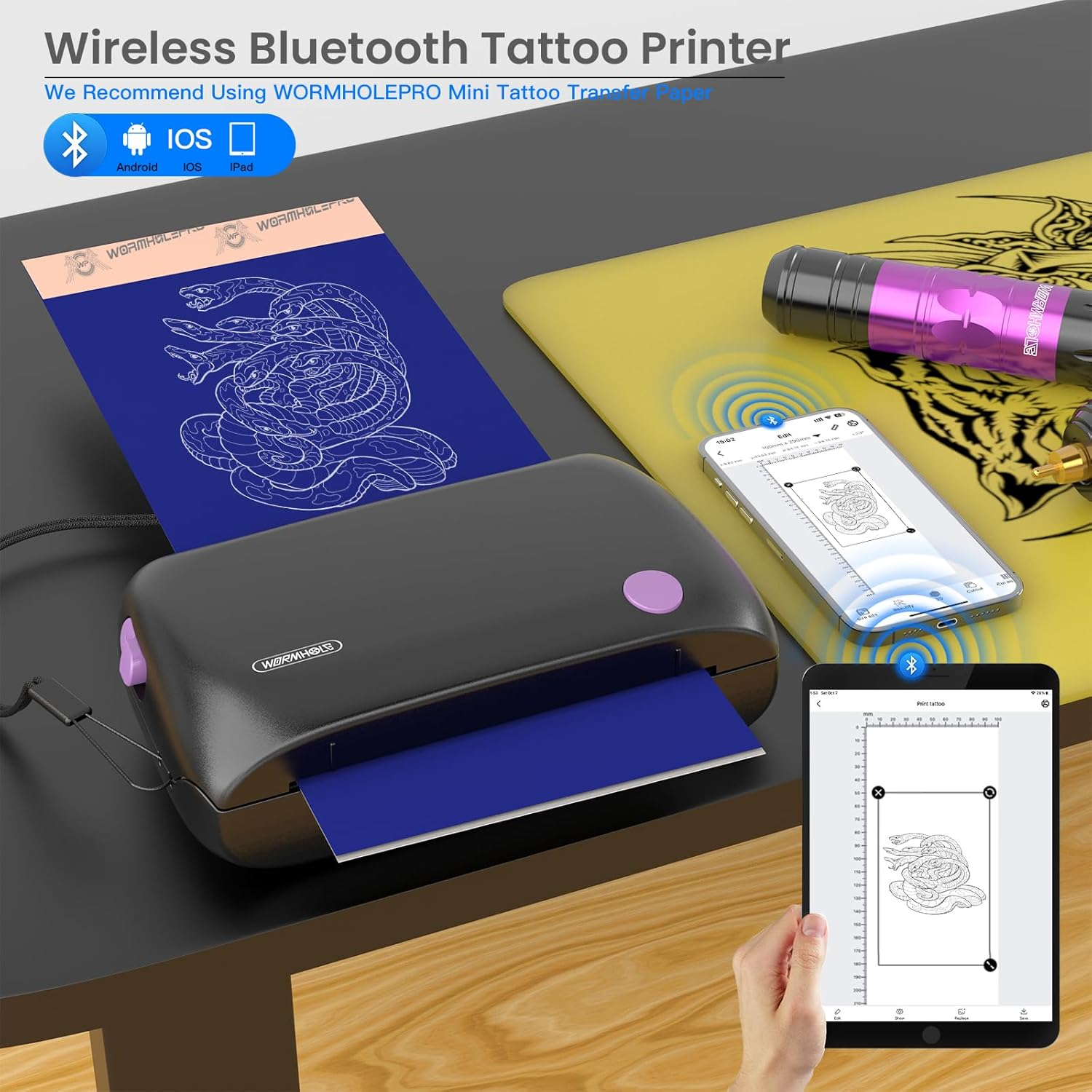 Wormhole Tattoo Stencil Printer, Mini Thermal Tattoo Printer, Bluetooth Tattoo Machines Compatible with Tablet, Smartphone for Beginners and Artists-Black image number 5