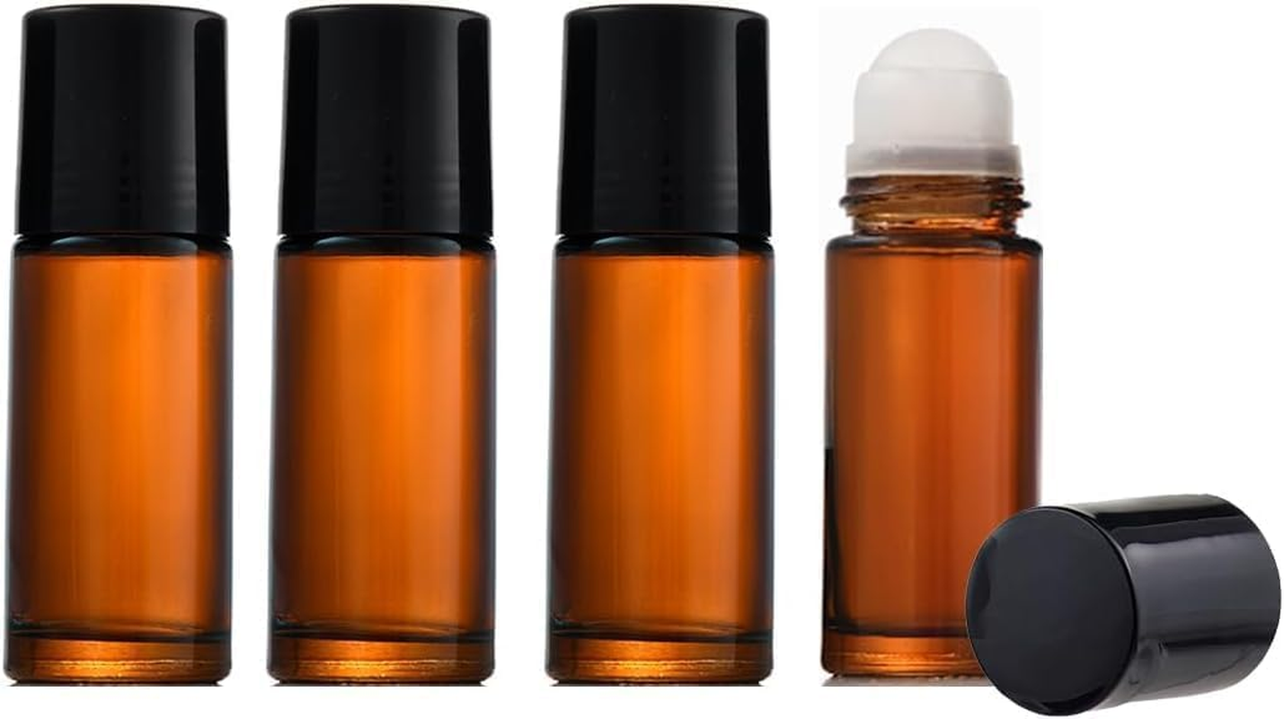 4 PCS Essential Oil Roller Bottles, 50Ml Glass,Empty Refillable Roll-On Perfume Bottles with Plastic Roller Balls and Lids (Amber) image number 3