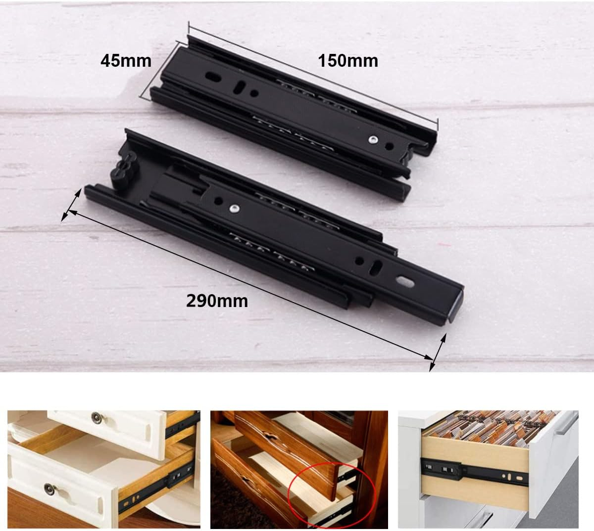 Metal Steel Drawer Ball Bearing Runners Slides,Tianher Heavy Duty 150 Mm Drawer Runners 3 Folds Full Extension Side Mount Heavy Duty 45 Kg Load Capacity Full Extension Ball Bearing 6 Inch (1 Pair) image number 5
