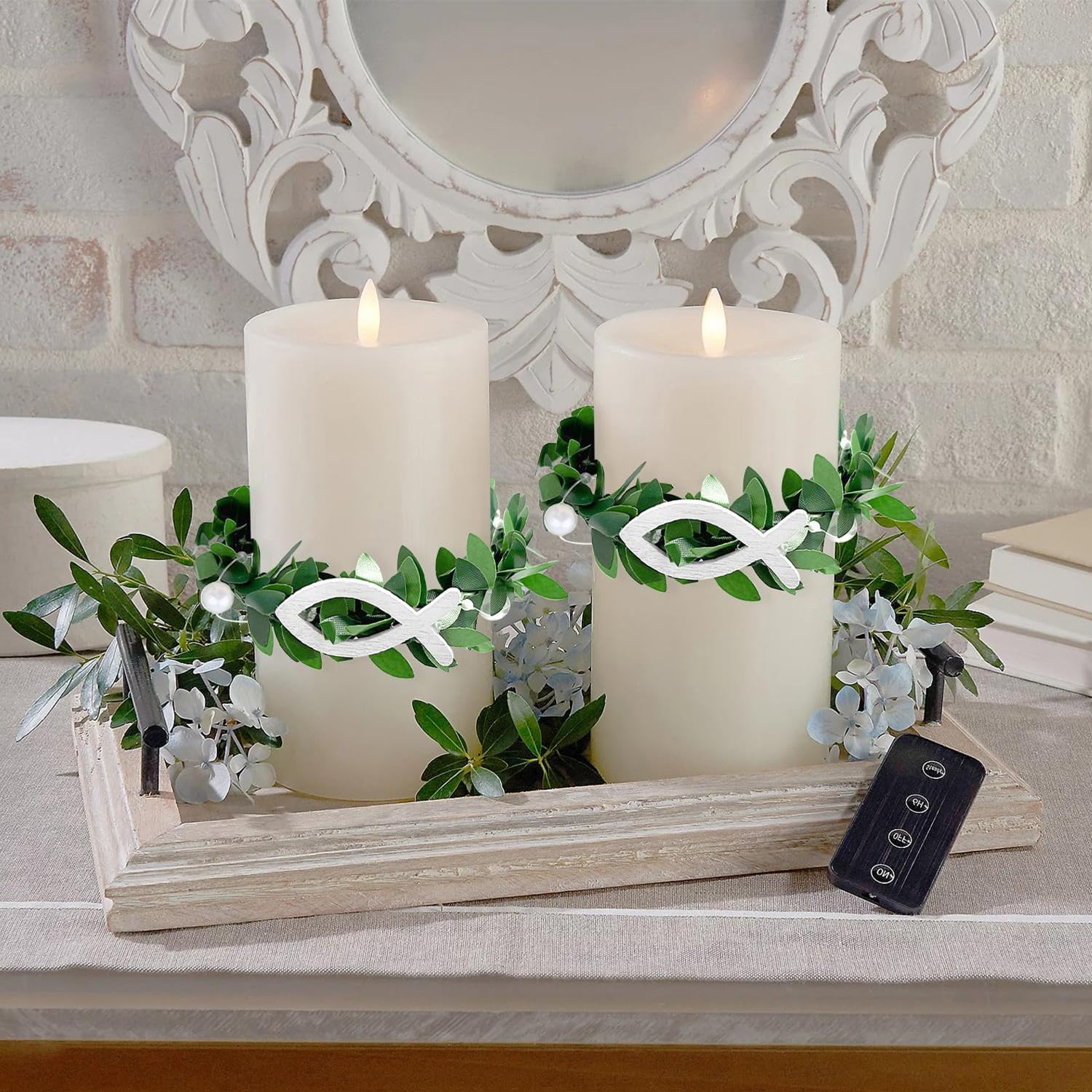 Candle Drop Protection 4 Cm - 9 Cm for Communion Candles and Christening Candles - Drip Catcher Candle Wreath with White Christening Fish Decoration, Wedding, Communion (Pack of 2)