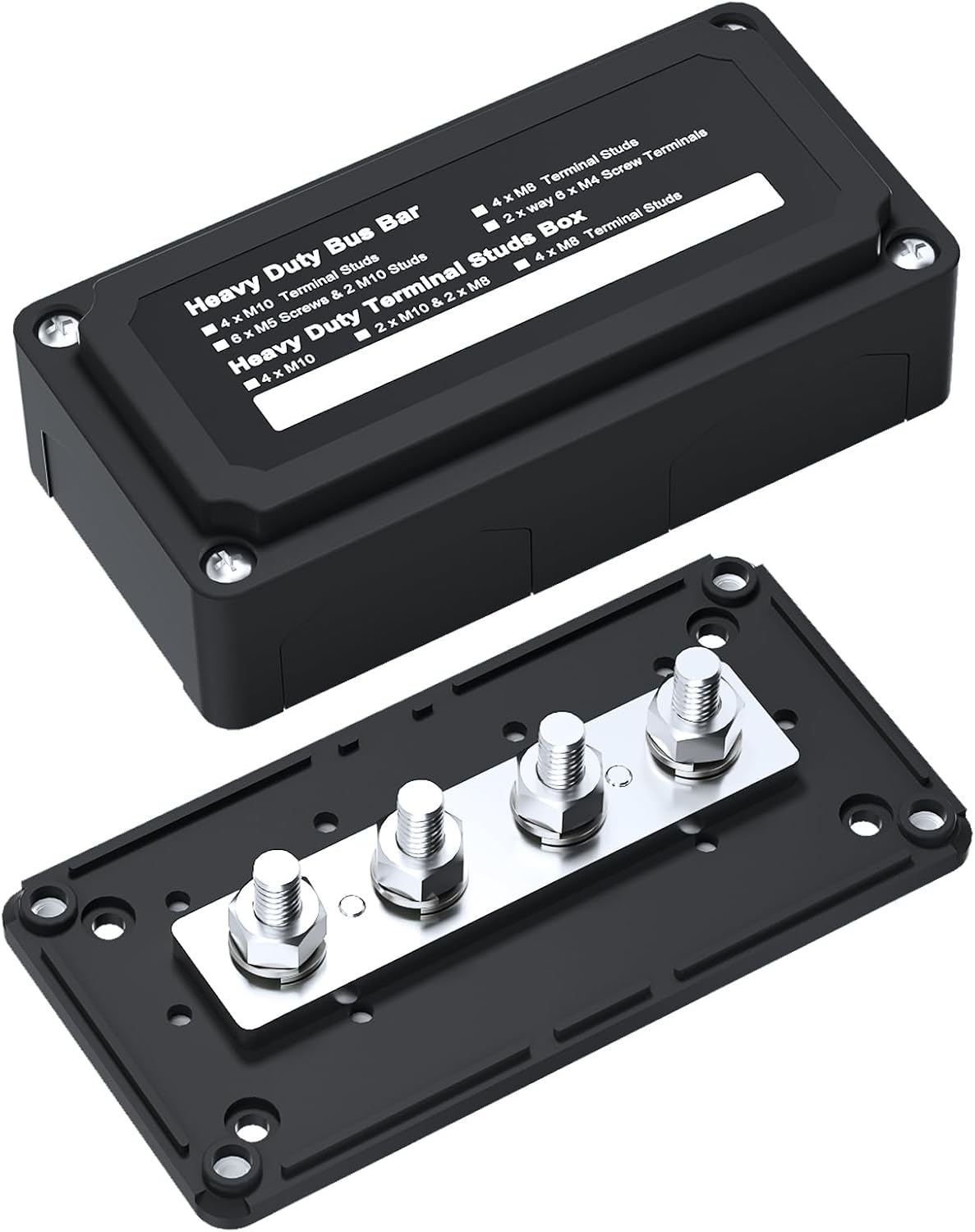 300A Bus Bar Box Heavy Duty Module Design Nickel Plated Brass Buss Battery Power Distribution 4Xm8(5/16") Stainless Steel Terminal Studs Marine Ground DC12 24 48V（Red）