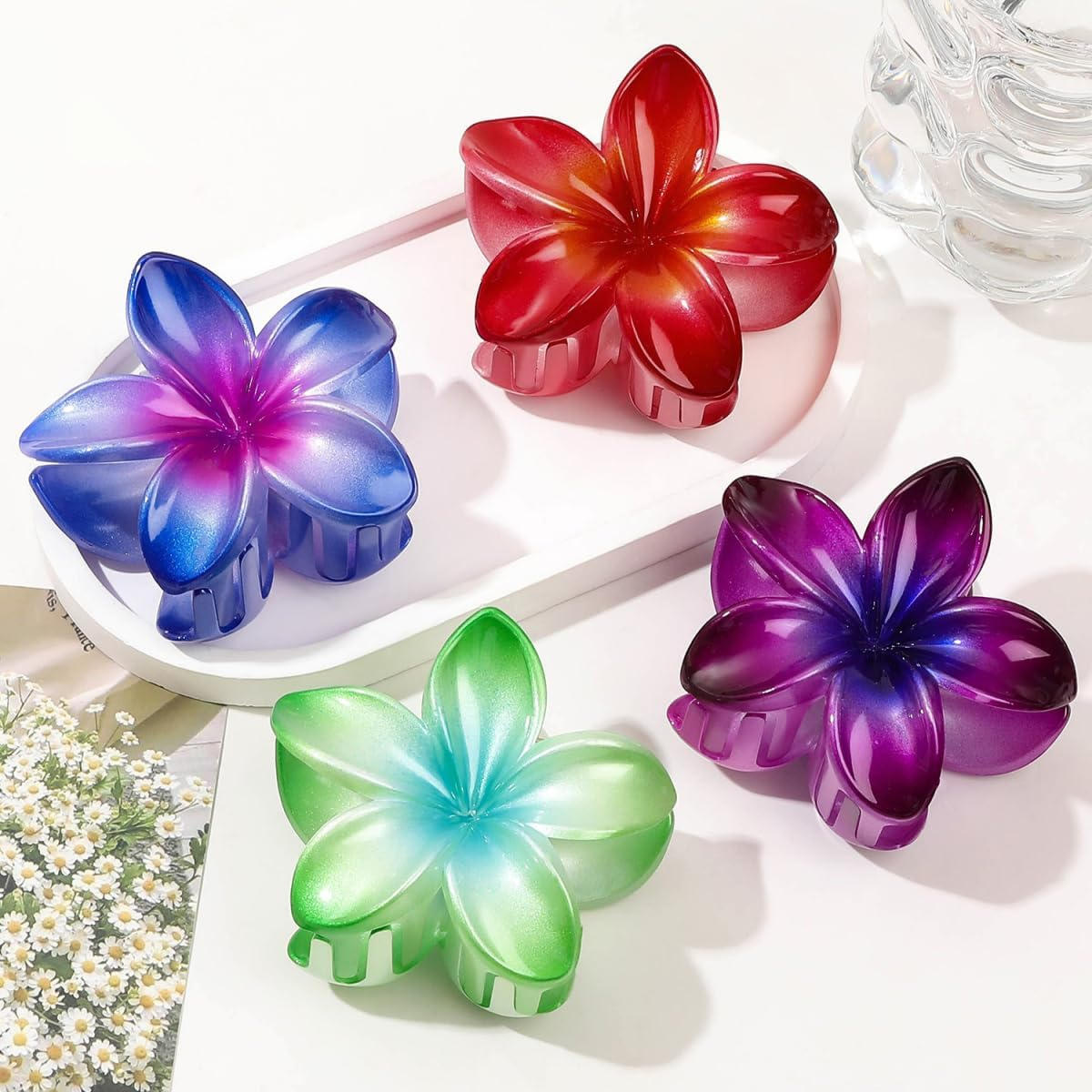 Blausky Pack of 1 Acrylic Flower Hair Clips, Hawaiian Plumeria Hair Clip, Large Flower Hair Clips, Claw Clip, Non-Slip Flowers Hair Accessories for Women and Women, Thick/Thin Hair, Green image number 1