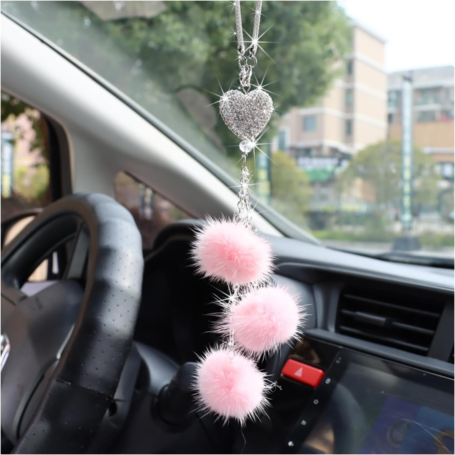 Ziciner Bling Diamond Heart Car Interior Accessories, Car Mirror Hanging Ornament for Women, Love Heart & Pink Plush Ball Decor Ornament Pendant, Car Hanging Decoration Charm Pendant (Moon/Pink) image number 1
