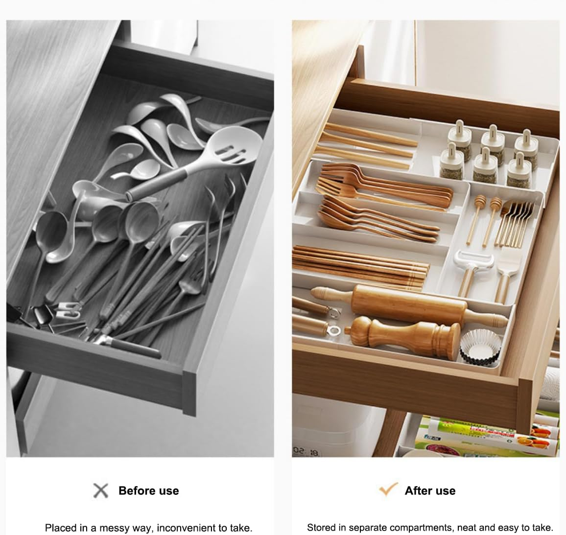 Expandable Kitchen Drawer Organizer Adjustable Utensil Tray Flatware Tray Cutlery Drawer Organiser for Forks Spoons Knife Organizer (Large, White) image number 5