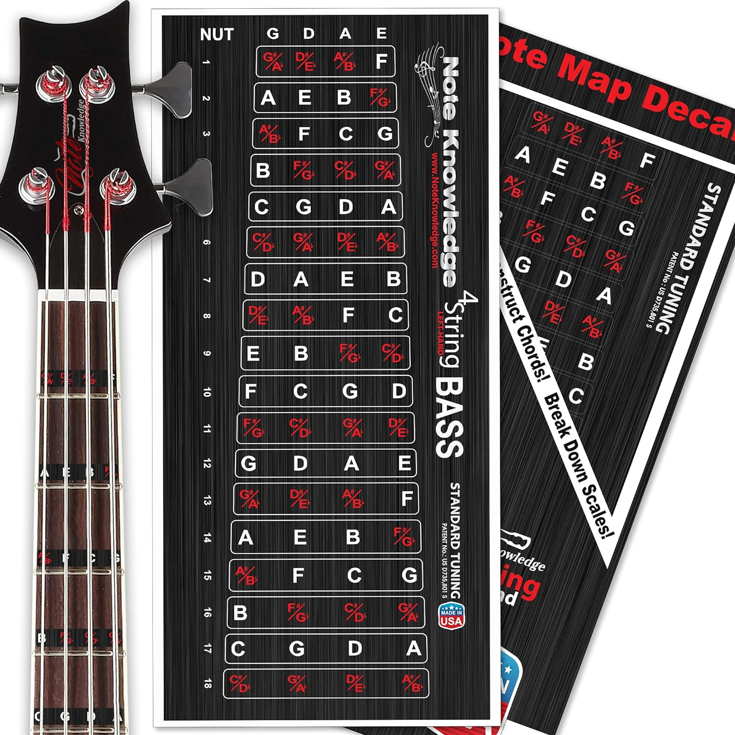 "Left-Handed" Bass Guitar Fretboard Note Map Decals/Stickers image number 1