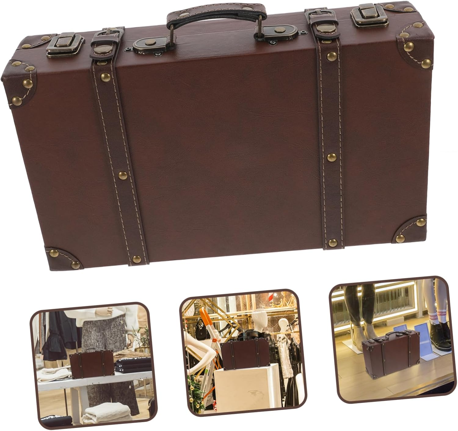 BIUDECO Vintage Style Leather Trunk Retro Luggage Decor Small Brown Suitcase Decorative Storage Box for Home Display Photography Props image number 5