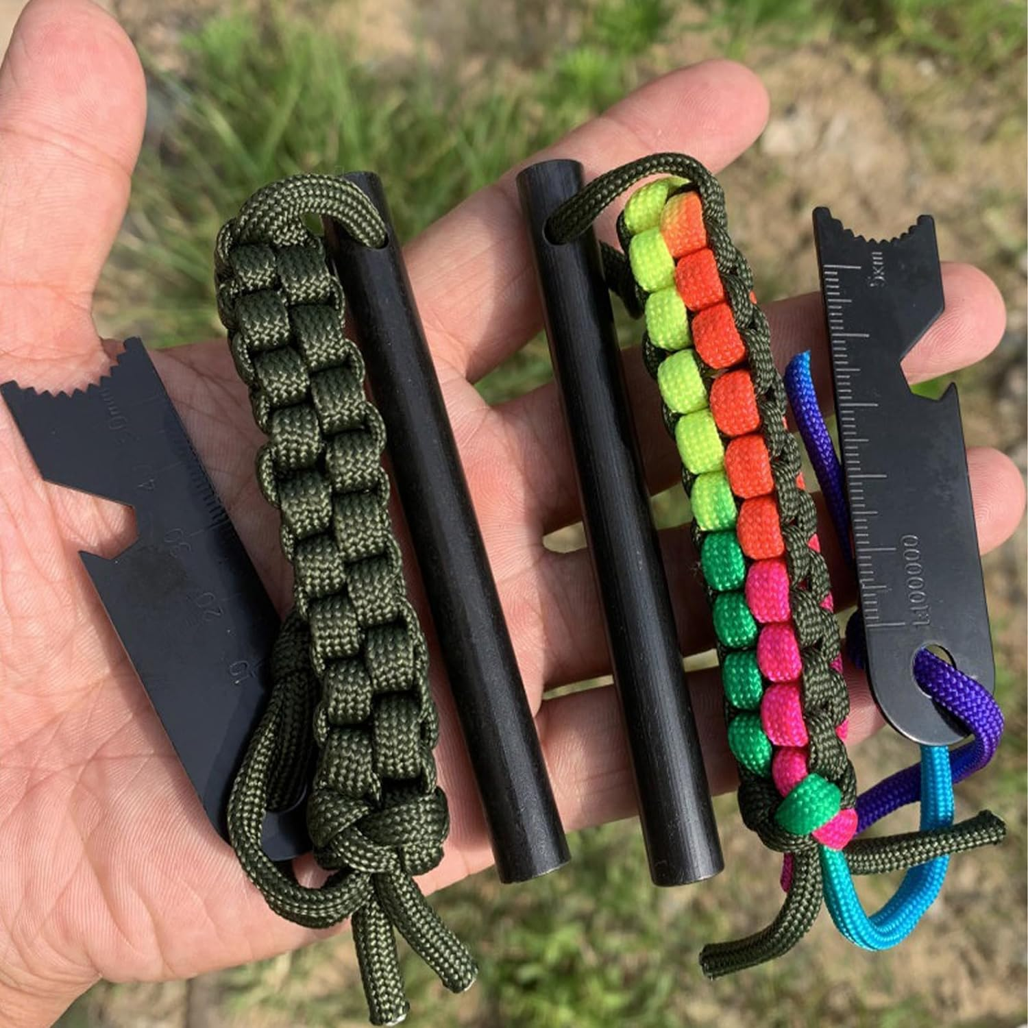 Fire Starter Survival Tool, 4 Inch Flint Steel Drilled Fire Starter 2Pcs with Paracord Lanyard Handle and Ruler for Emergency Survival, Hiking, Camping image number 2