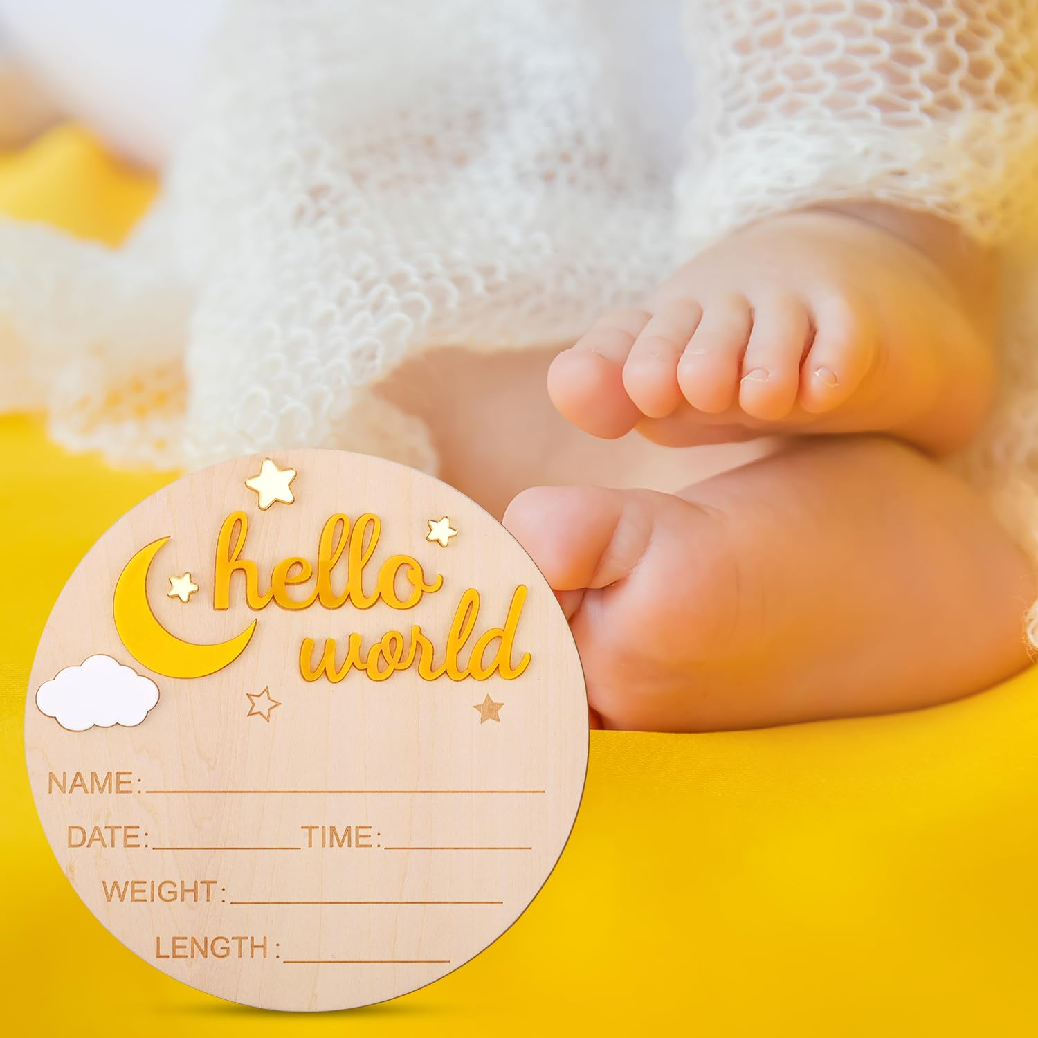 Wooden Hello World Newborn Sign, Cute Birth Announcement Board Baby Announcement Sign Newborn Welcome Sign Baby Name Plaque for Nursery Hospital Girl Boy Baby Shower Photo Props(Yellow) image number 4