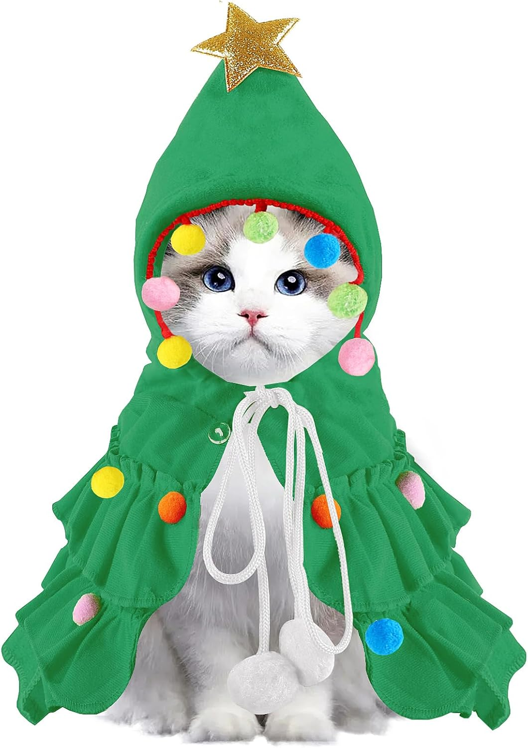 Cat Christmas Outfit Green Pet Cloak with Hat with Star and Pompoms Puppy Cape Clothes Xmas Tree Elf Costumes Party Pet Supplies Accessories for Small Dogs Cats Pet Santa Presents image number 3