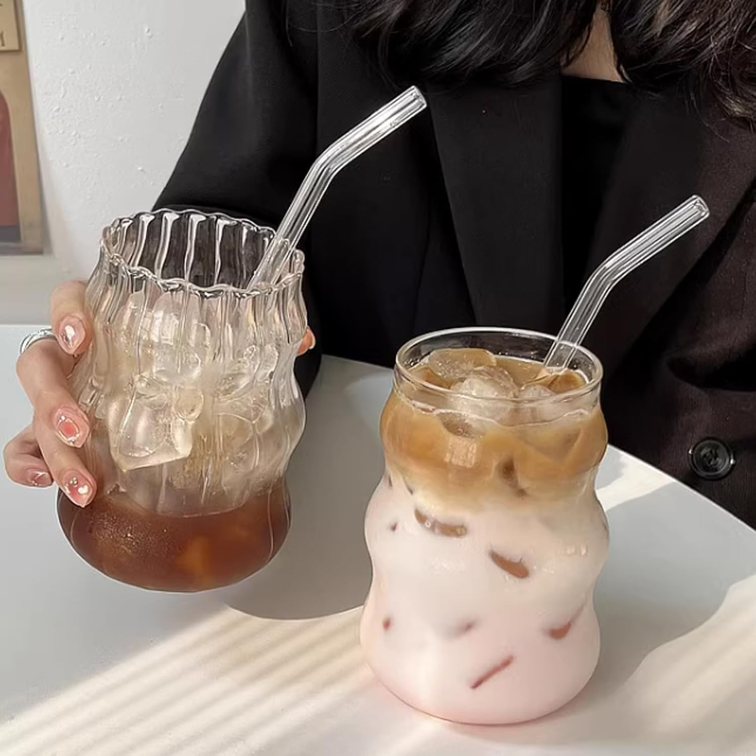 Vintage Ribbed Glassware Water Tumbler, 18 Oz Aesthetic Ripple Glass Tumbler, Ripple Glassware Coffee Cup, Cute Glass Tumbler for Iced Coffee Juice Drink Milk (1 Pcs) image number 4