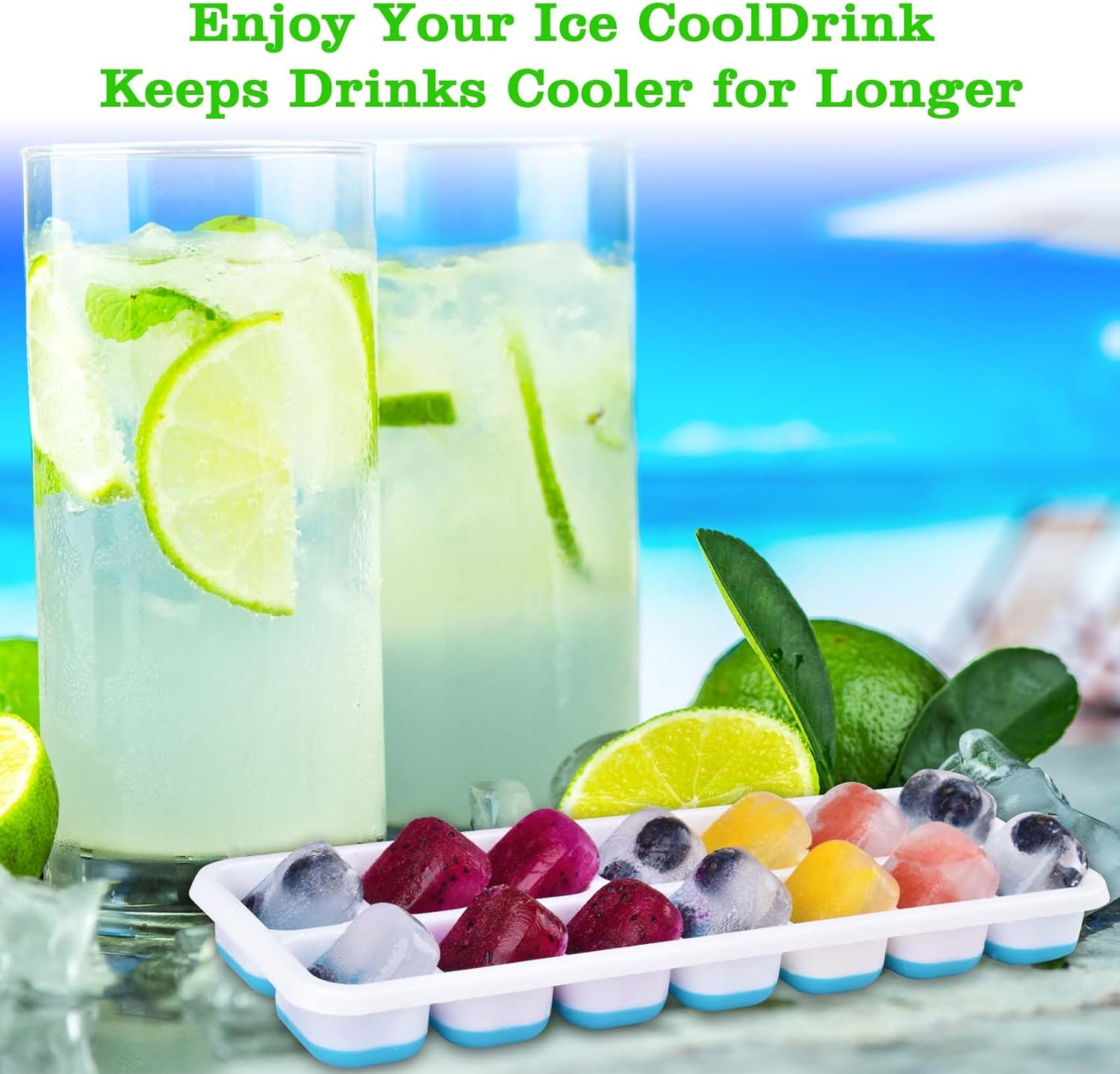 2 Pack Ice Cube Trays, Reusable Silicone 14-Ice Cube Trays with Spill-Resistant Removable Lid, Stackable Ice Trays with Covers for Freezer, Cocktail, Coffee (Blue + Green) image number 2